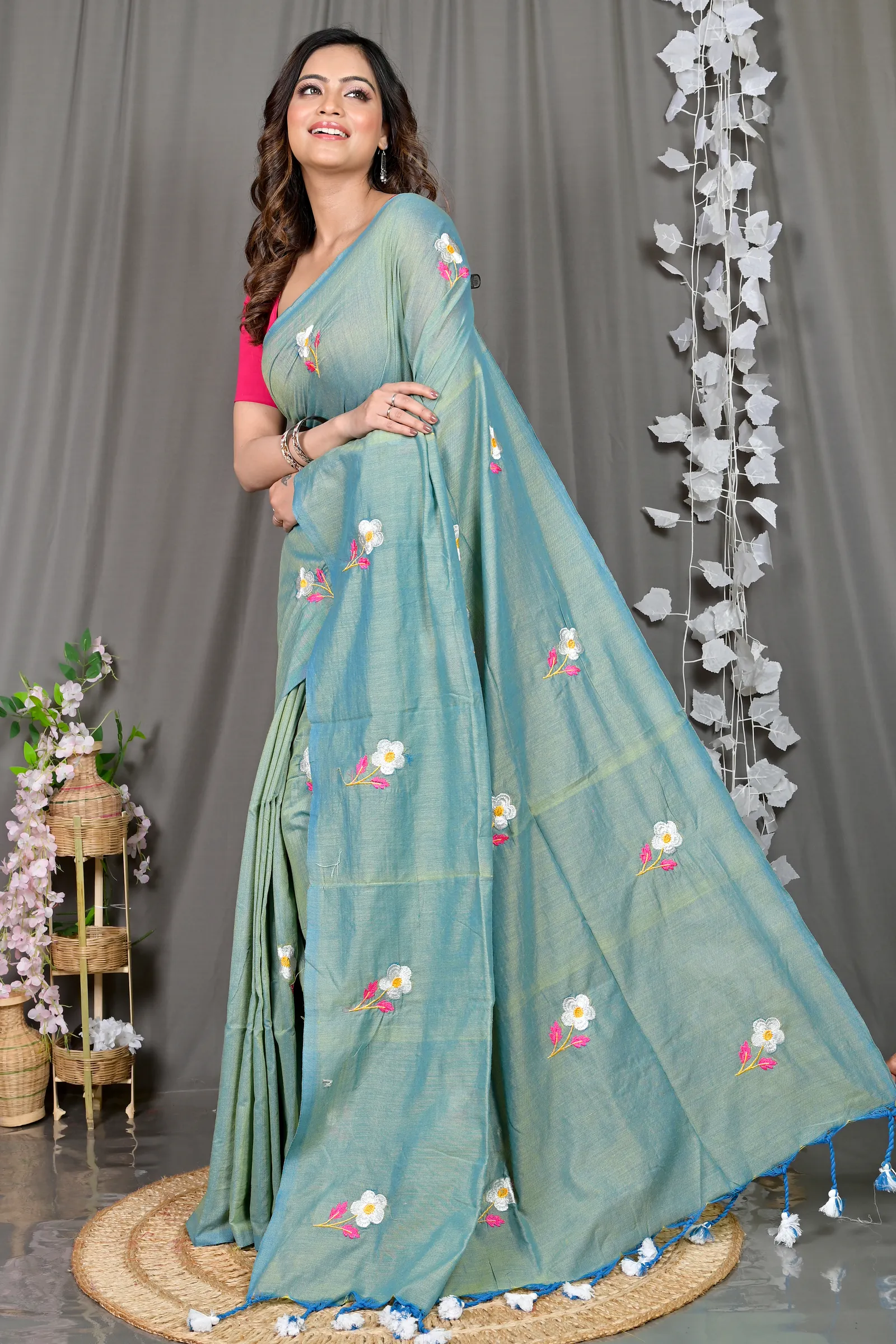 DipDiya Pure Cotton See Green Paray Wrapped in Heritage Embroidery Handloom sarees