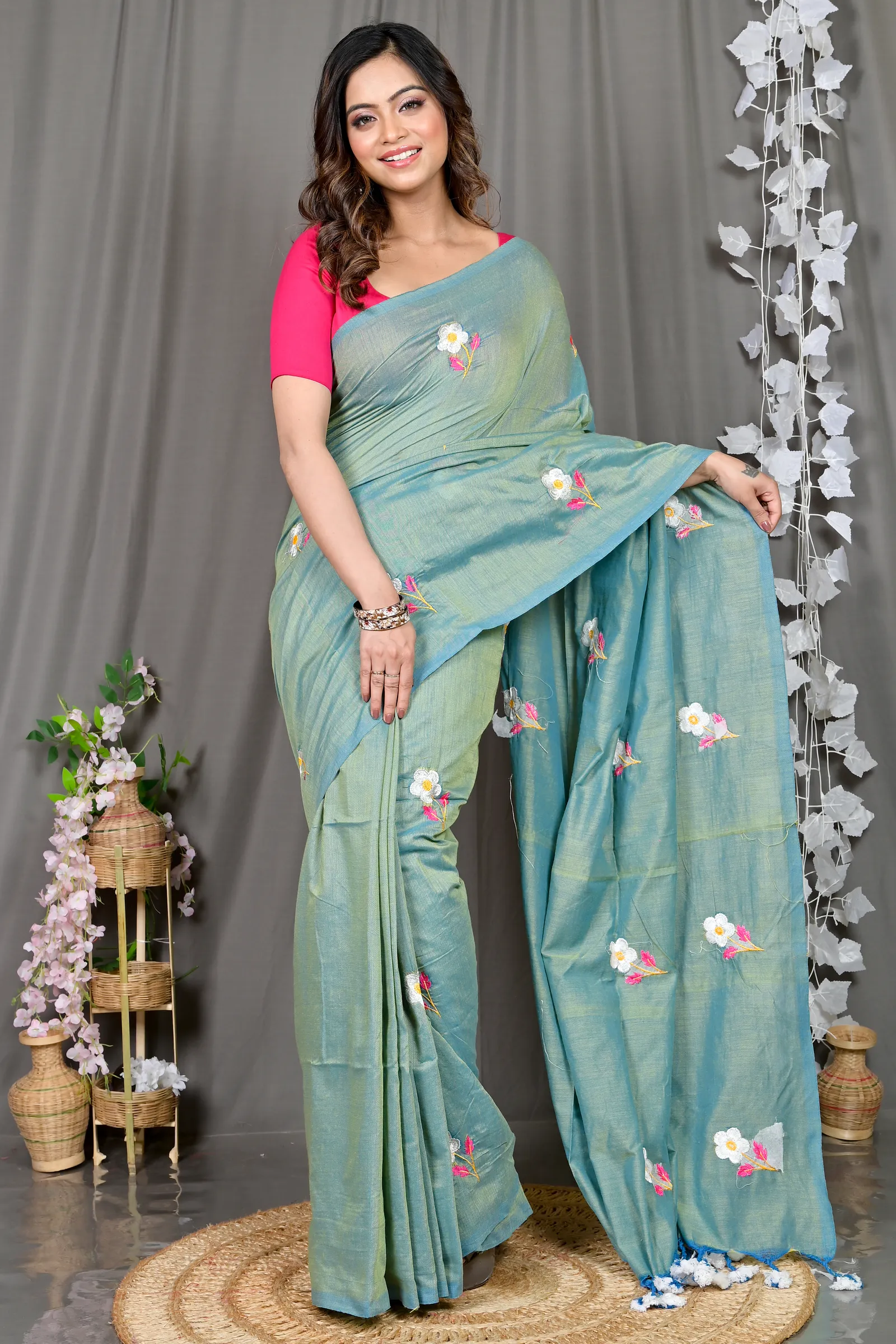 DipDiya Pure Cotton See Green Paray Wrapped in Heritage Embroidery Handloom sarees
