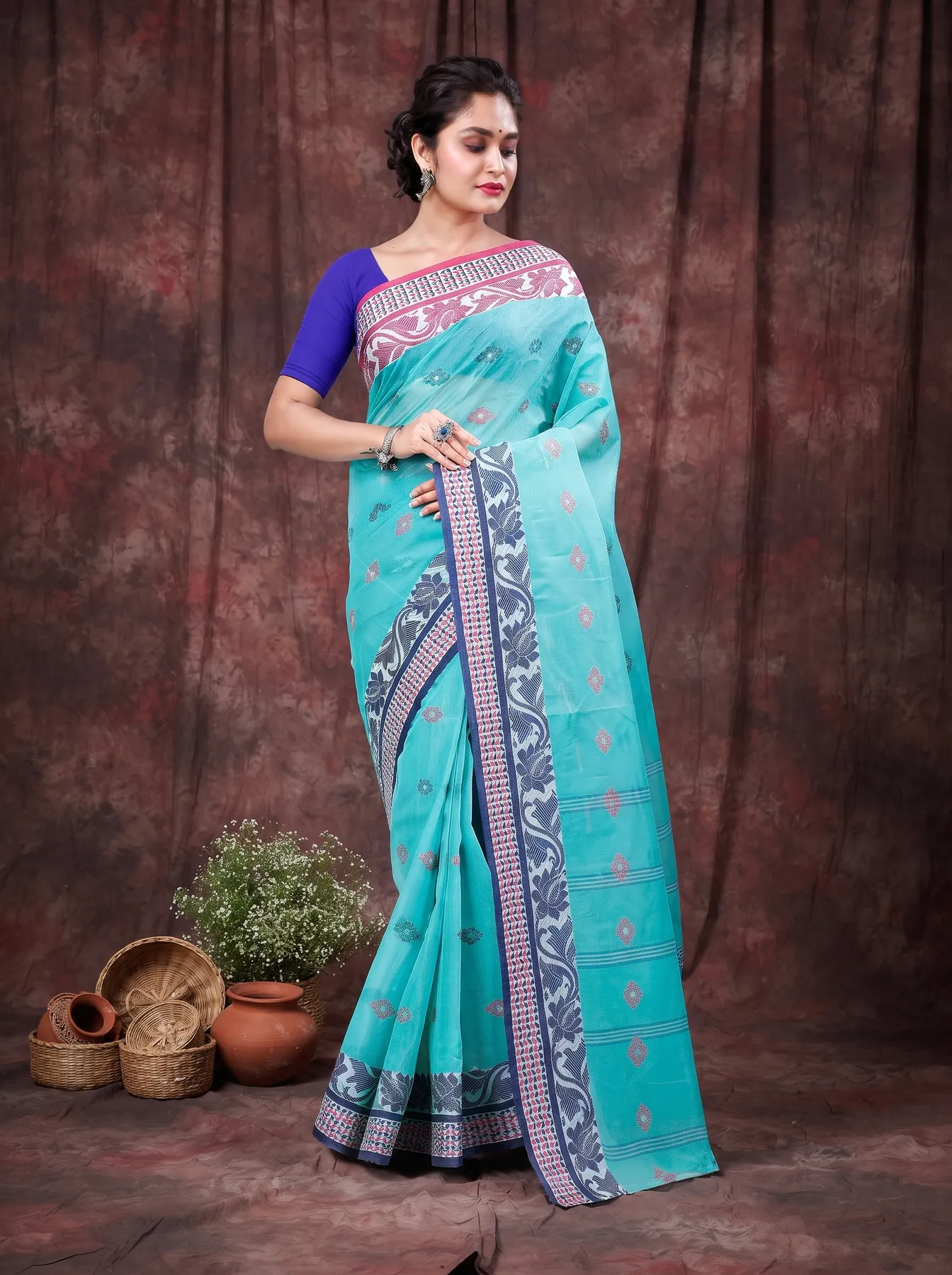 DipDiya Pure Cotton See Green Raina Bengali Heritage Tant Sarees