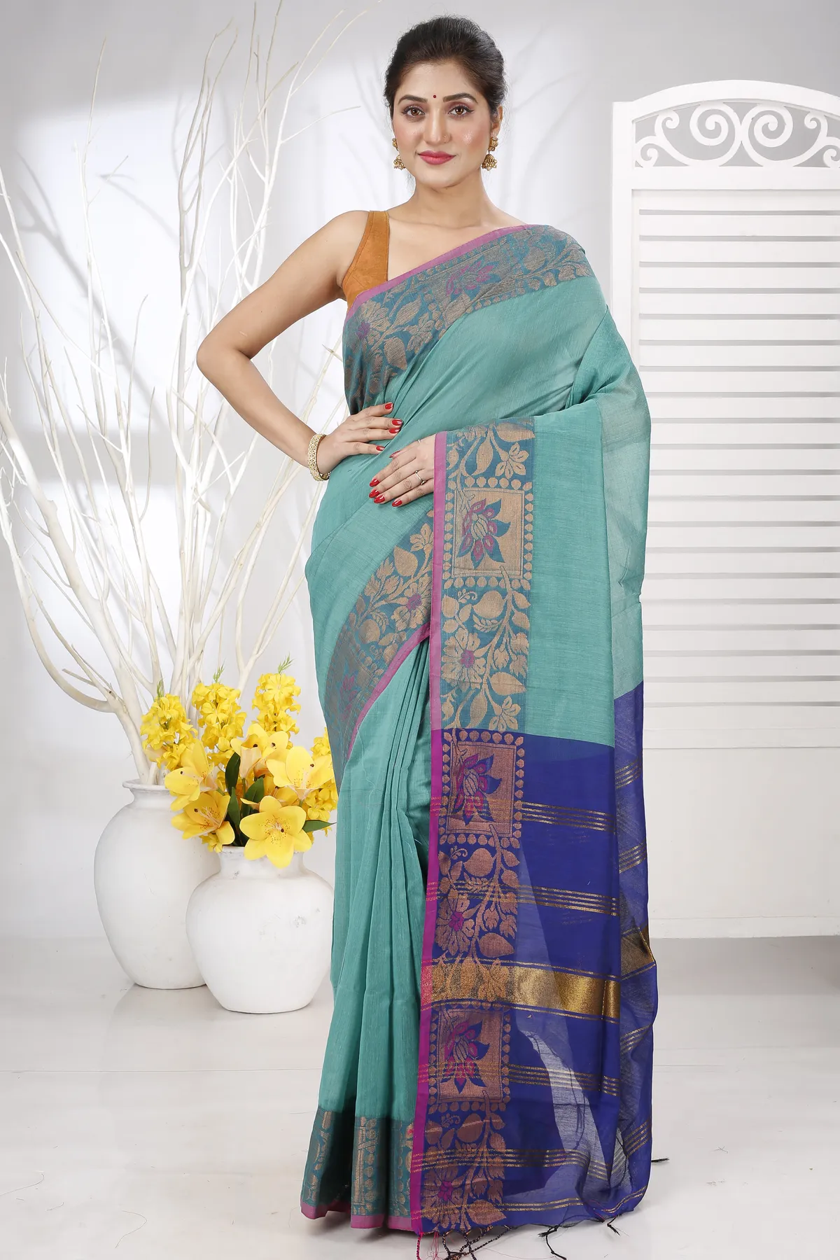 DipDiya Pure Cotton See Green Swarno Grace of Bengal Handloom Sarees