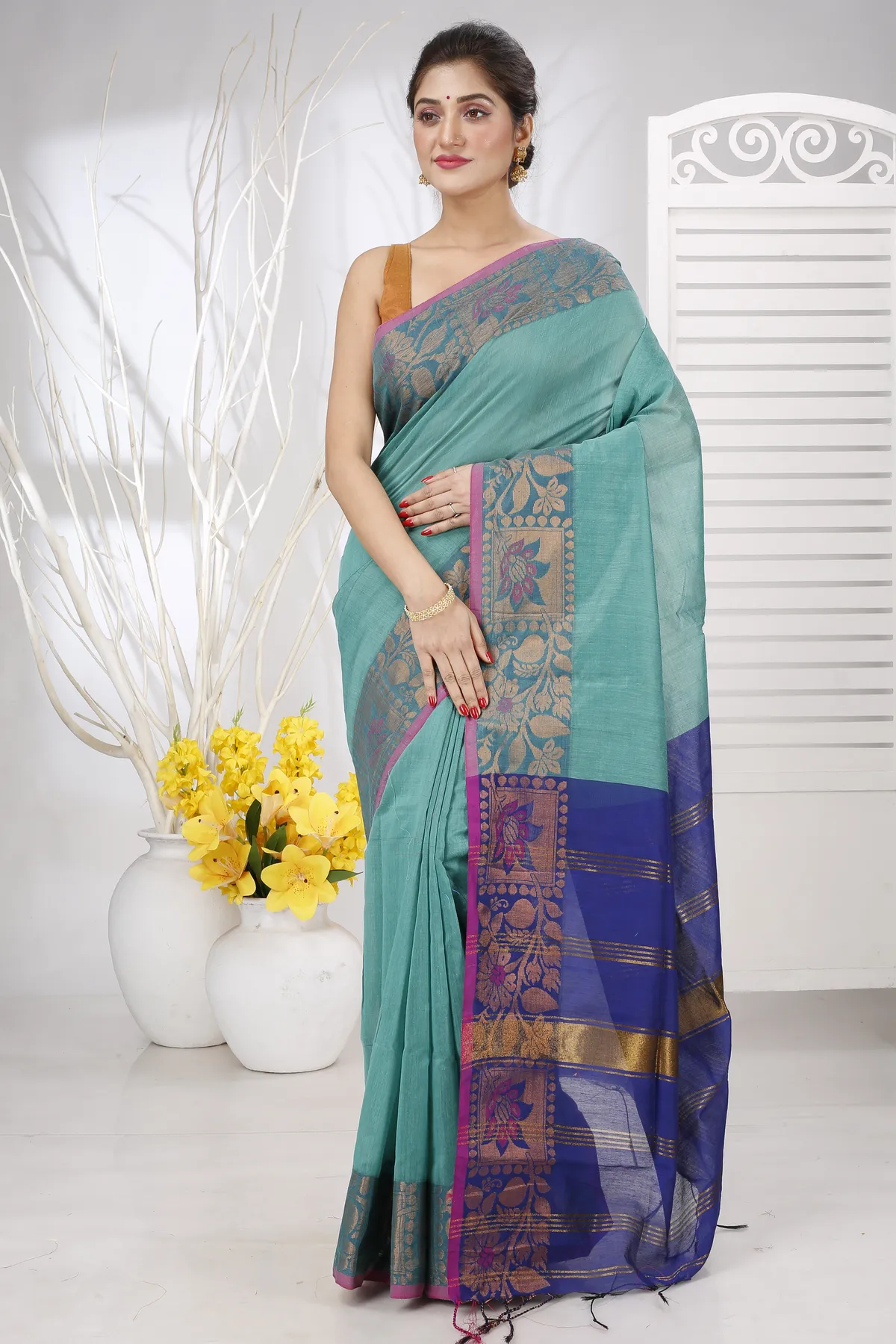 DipDiya Pure Cotton See Green Swarno Grace of Bengal Handloom Sarees