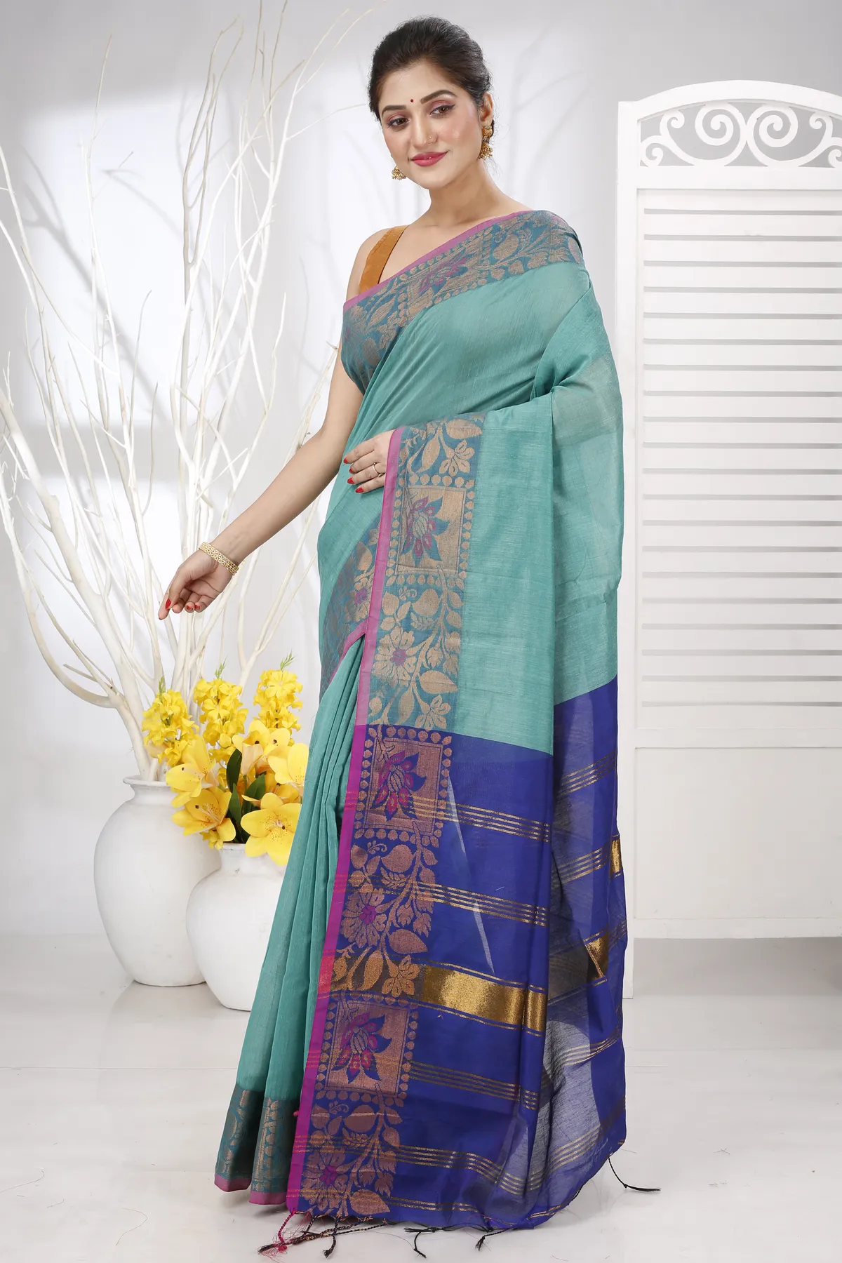 DipDiya Pure Cotton See Green Swarno Grace of Bengal Handloom Sarees