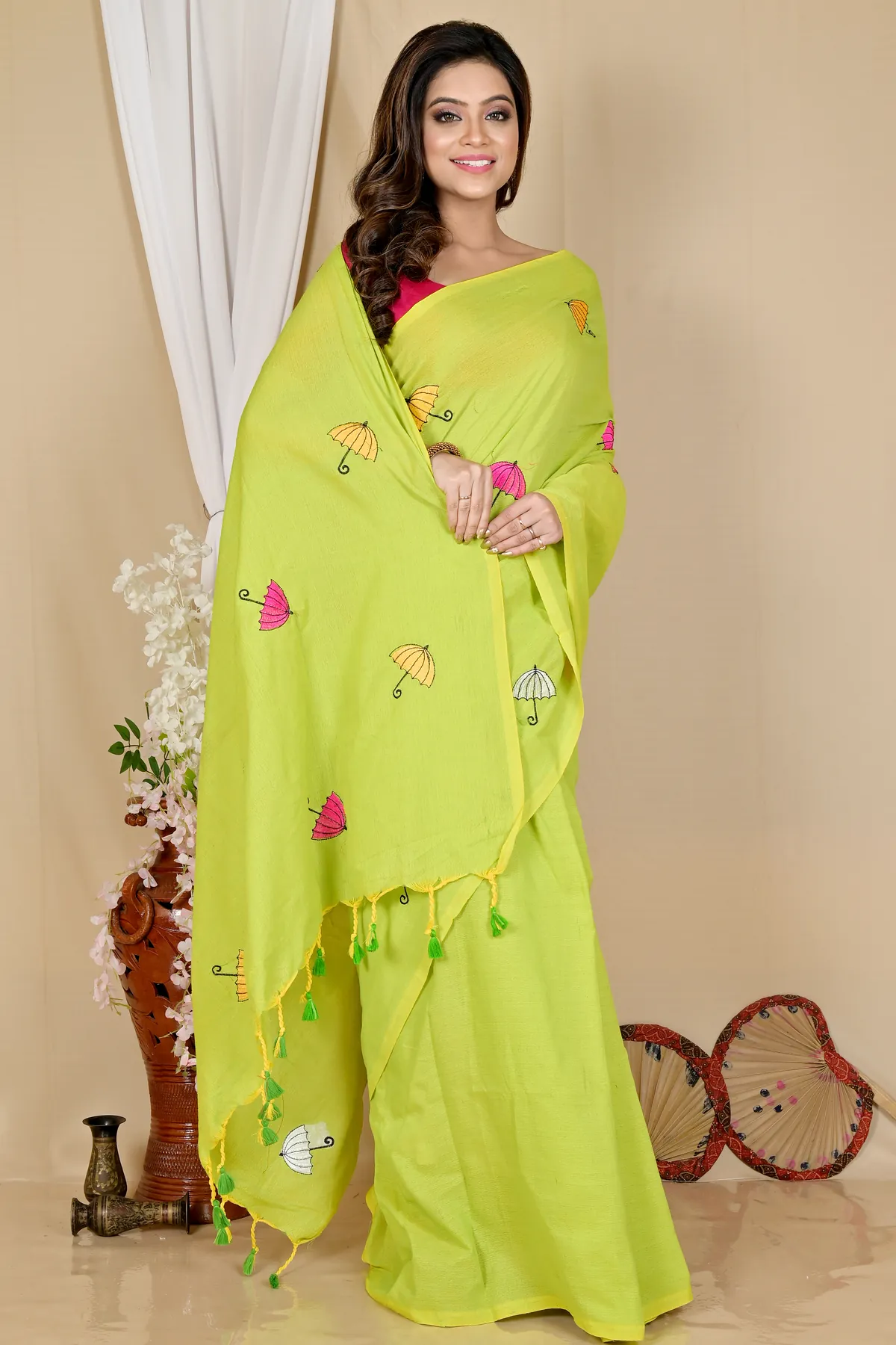 DipDiya Pure Cotton See Green Umber Than Traditional Bengali Embroidery Handloom sarees