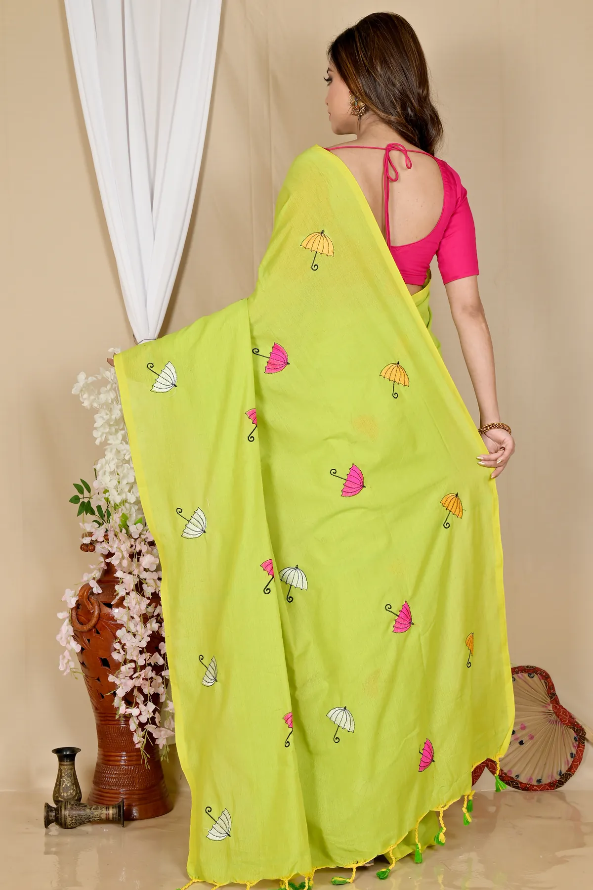 DipDiya Pure Cotton See Green Umber Than Traditional Bengali Embroidery Handloom sarees