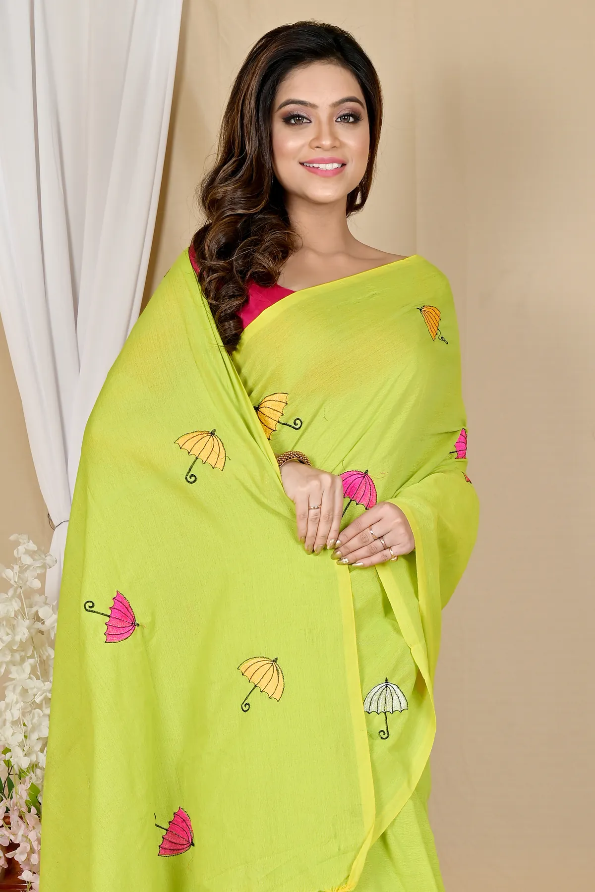 DipDiya Pure Cotton See Green Umber Than Traditional Bengali Embroidery Handloom sarees