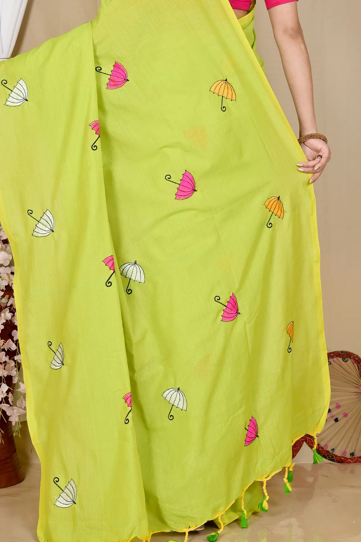 DipDiya Pure Cotton See Green Umber Than Traditional Bengali Embroidery Handloom sarees