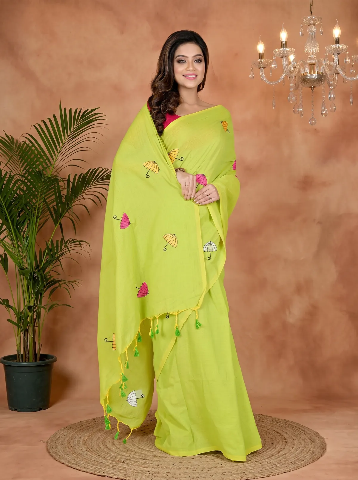 DipDiya Pure Cotton See Green Umber Than Traditional Bengali Embroidery Handloom sarees