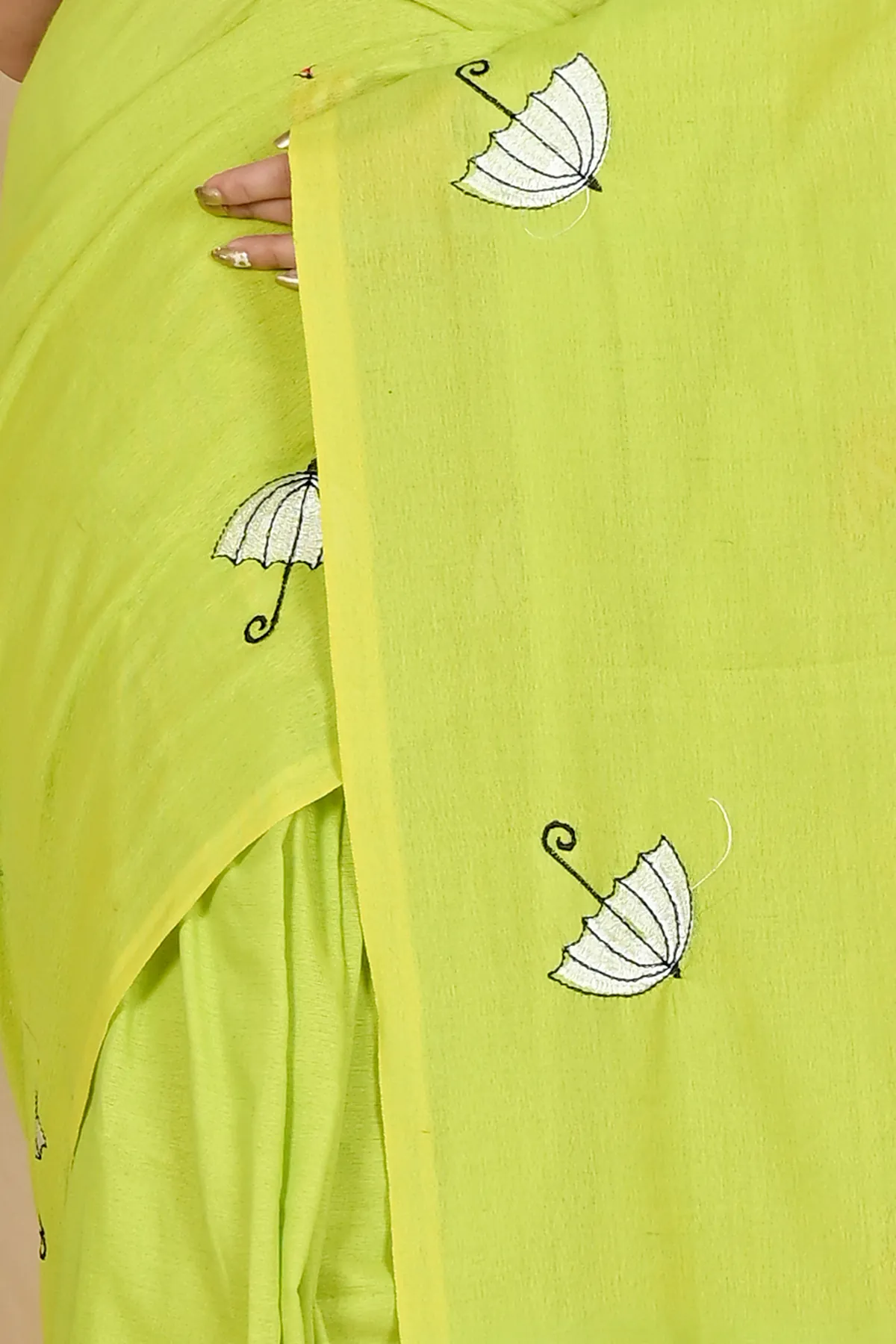 DipDiya Pure Cotton See Green Umber Than Traditional Bengali Embroidery Handloom sarees