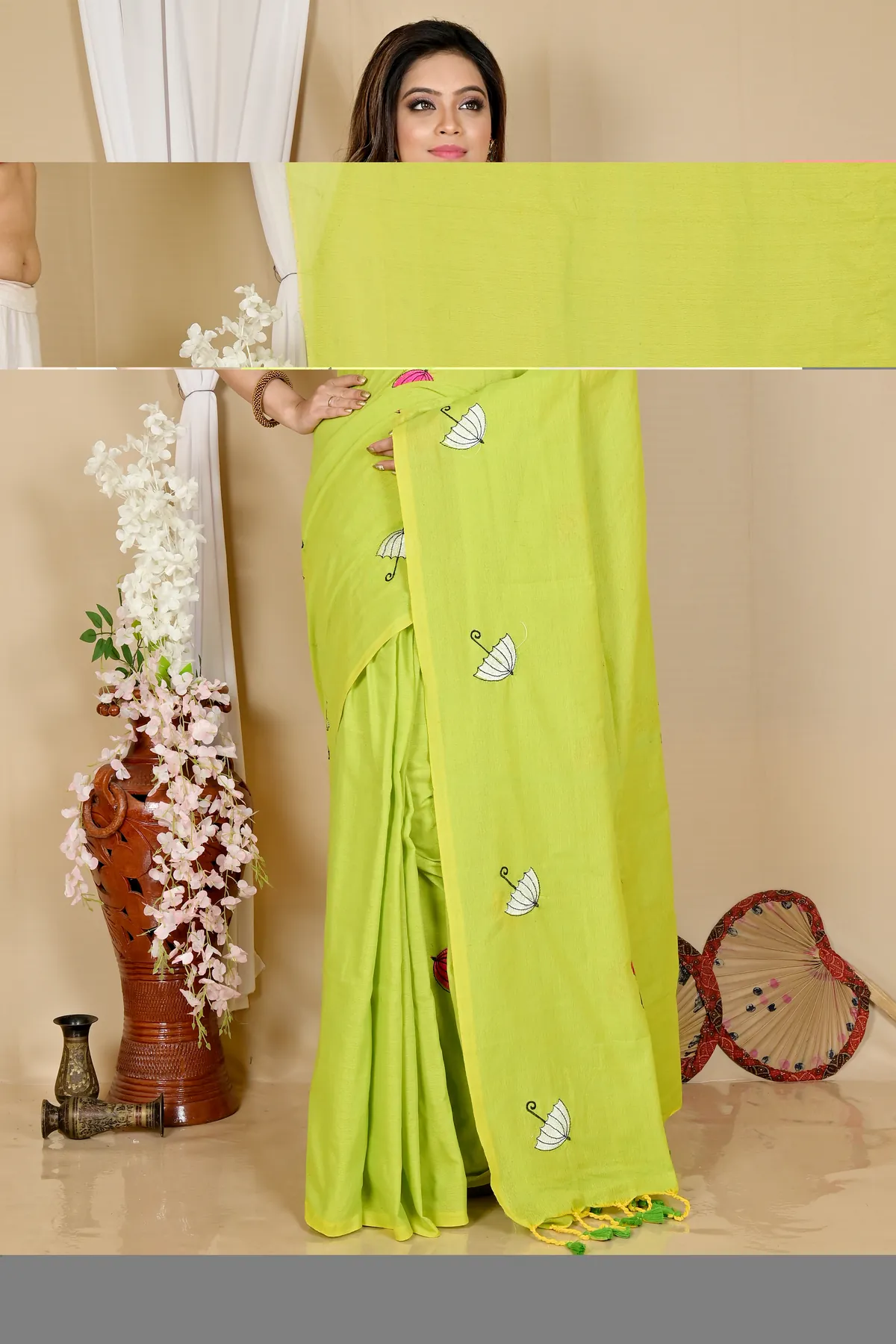 DipDiya Pure Cotton See Green Umber Than Traditional Bengali Embroidery Handloom sarees