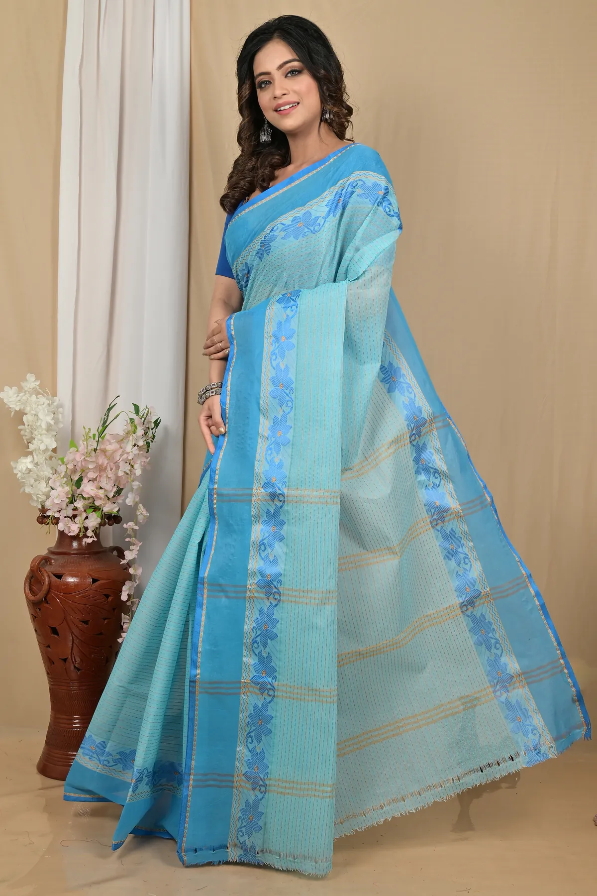 DipDiya Pure Cotton Sky Blue Achpan Heritage of Bengal Tant Sarees