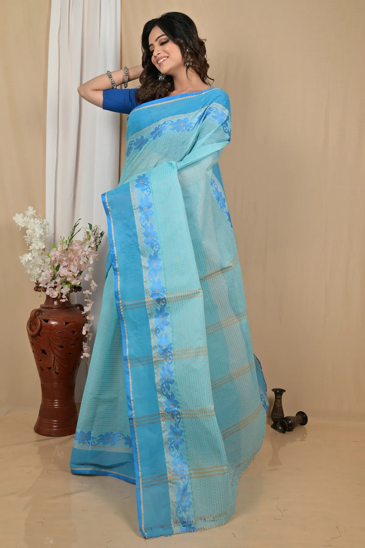 DipDiya Pure Cotton Sky Blue Achpan Heritage of Bengal Tant Sarees