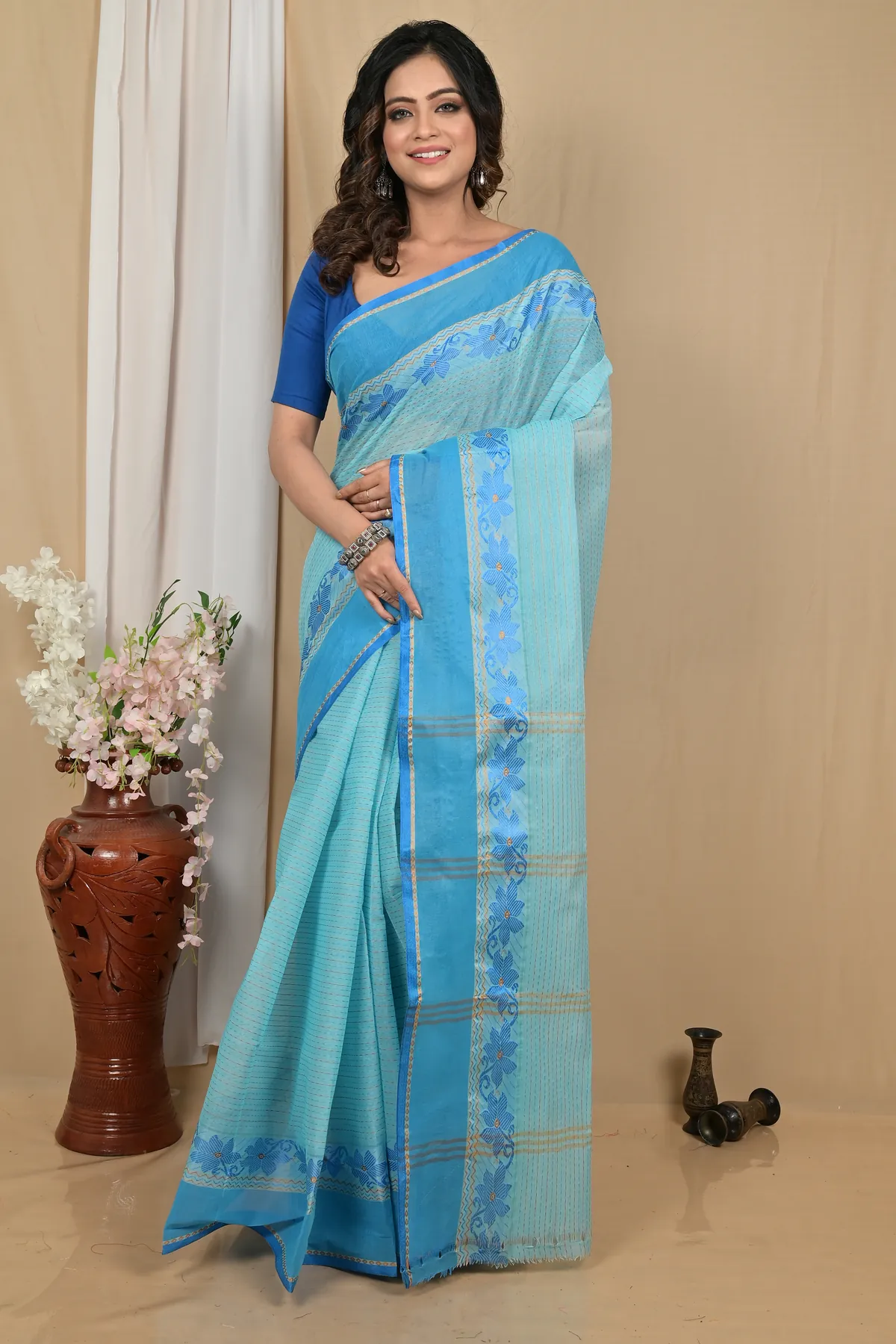 DipDiya Pure Cotton Sky Blue Achpan Heritage of Bengal Tant Sarees