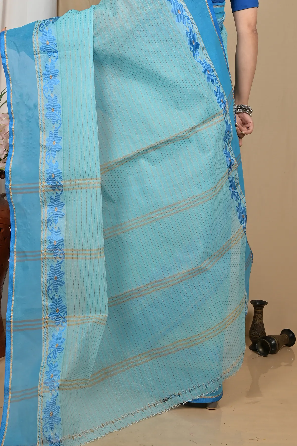 DipDiya Pure Cotton Sky Blue Achpan Heritage of Bengal Tant Sarees