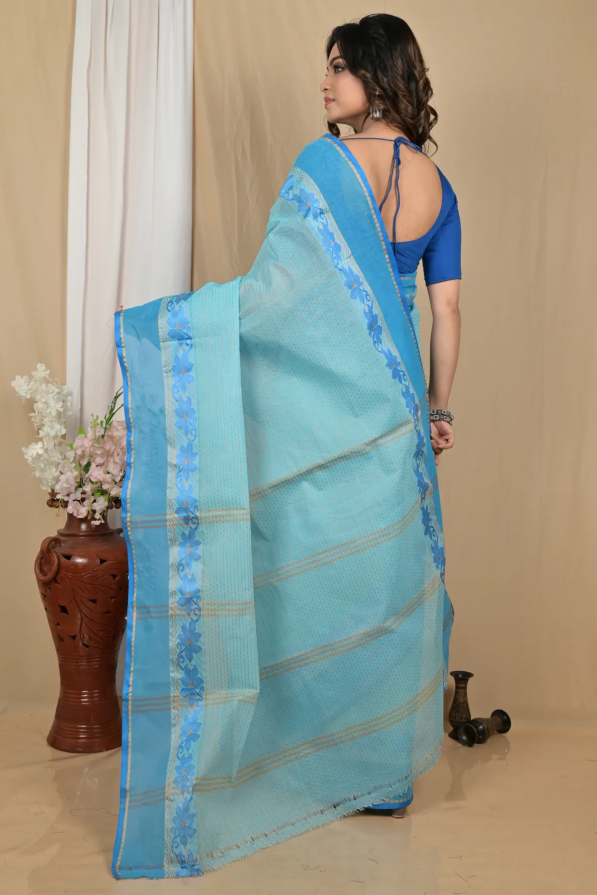 DipDiya Pure Cotton Sky Blue Achpan Heritage of Bengal Tant Sarees