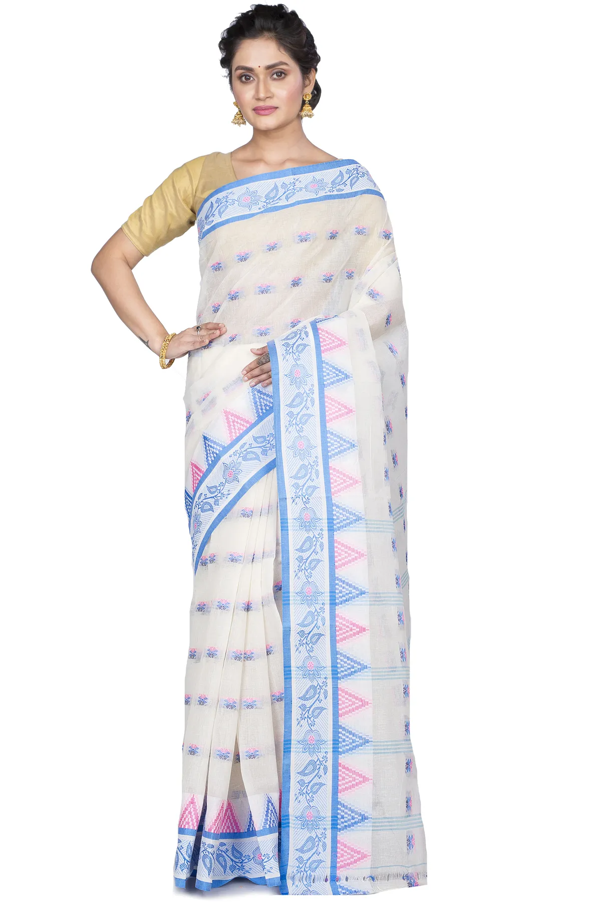 DipDiya Pure Cotton Sky Blue Alkari Threads of Tradition Tant Sarees