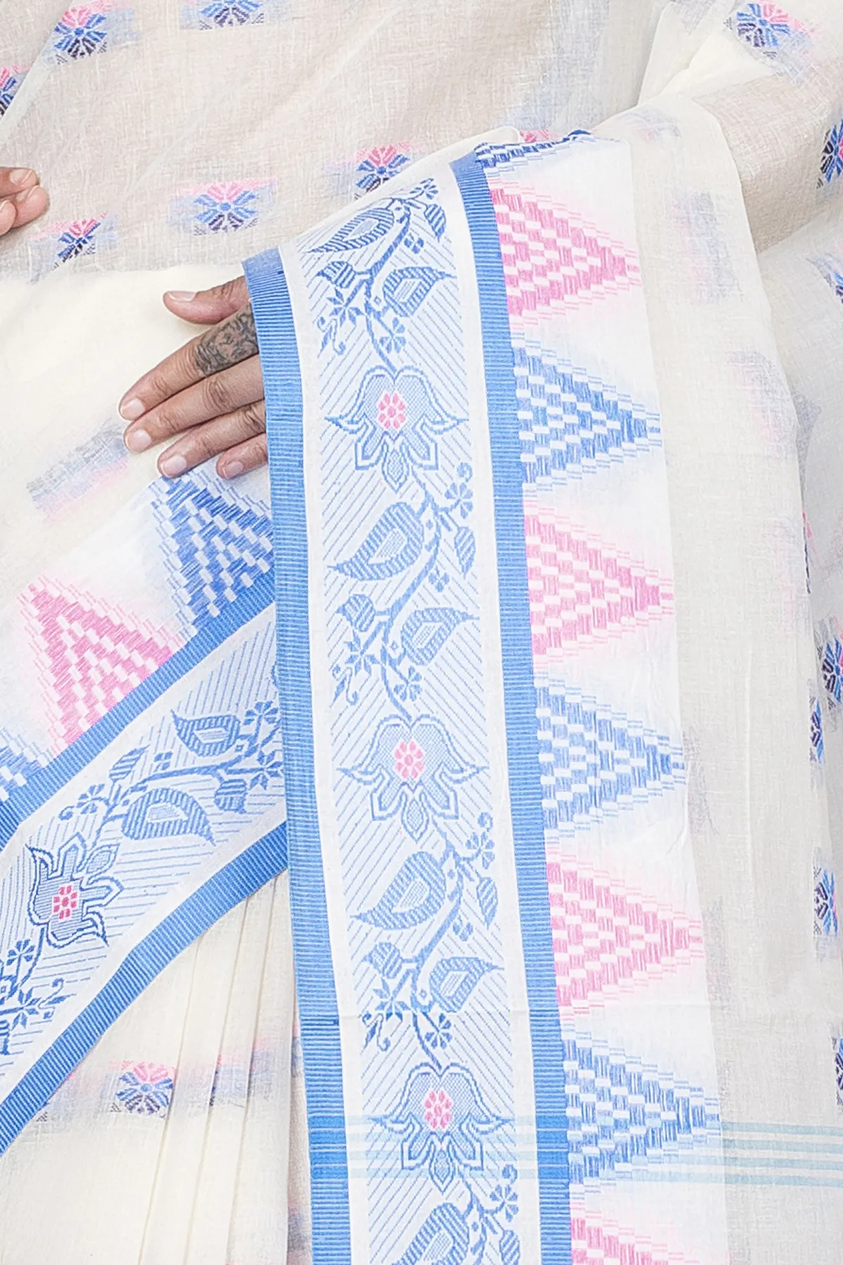 DipDiya Pure Cotton Sky Blue Alkari Threads of Tradition Tant Sarees