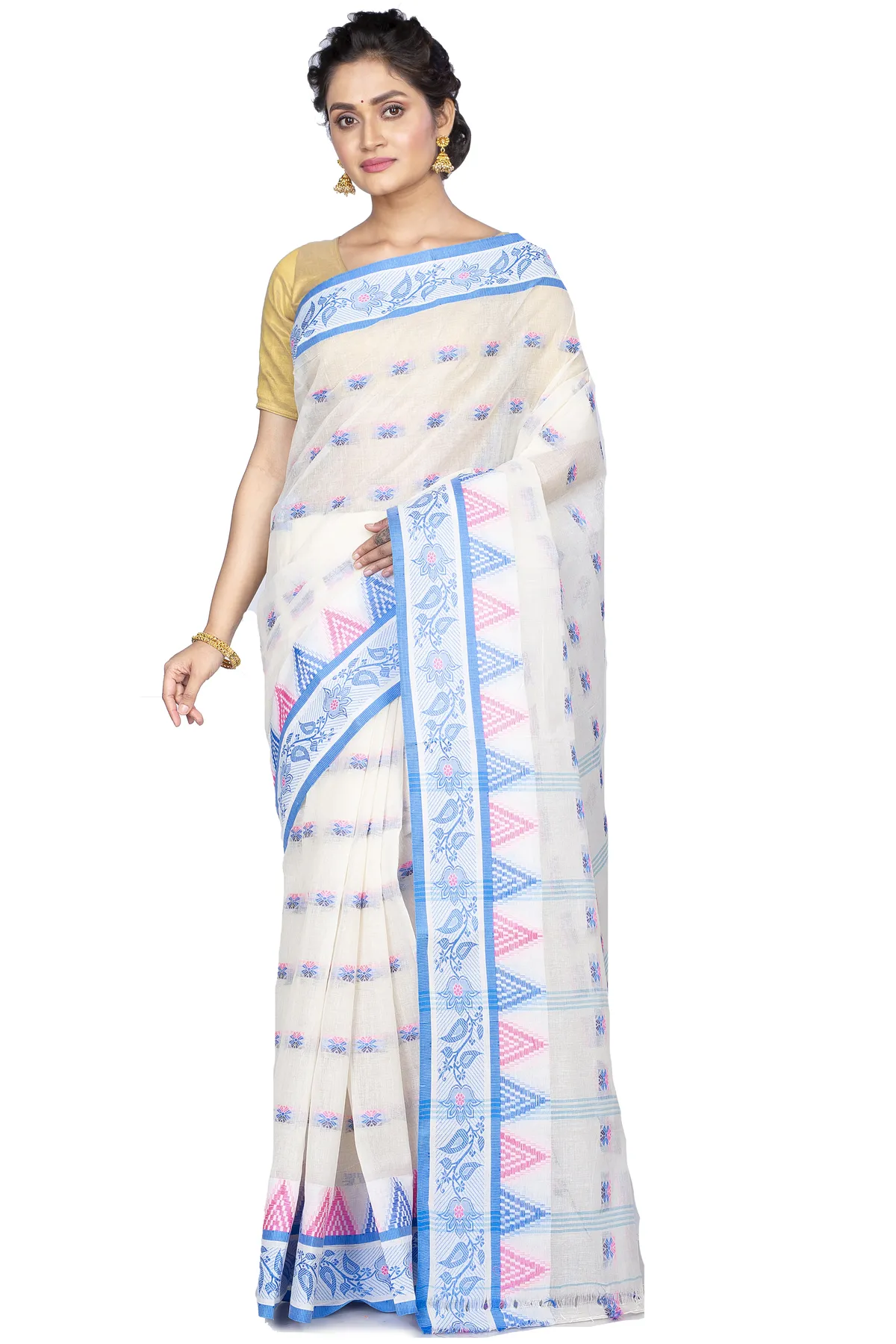 DipDiya Pure Cotton Sky Blue Alkari Threads of Tradition Tant Sarees