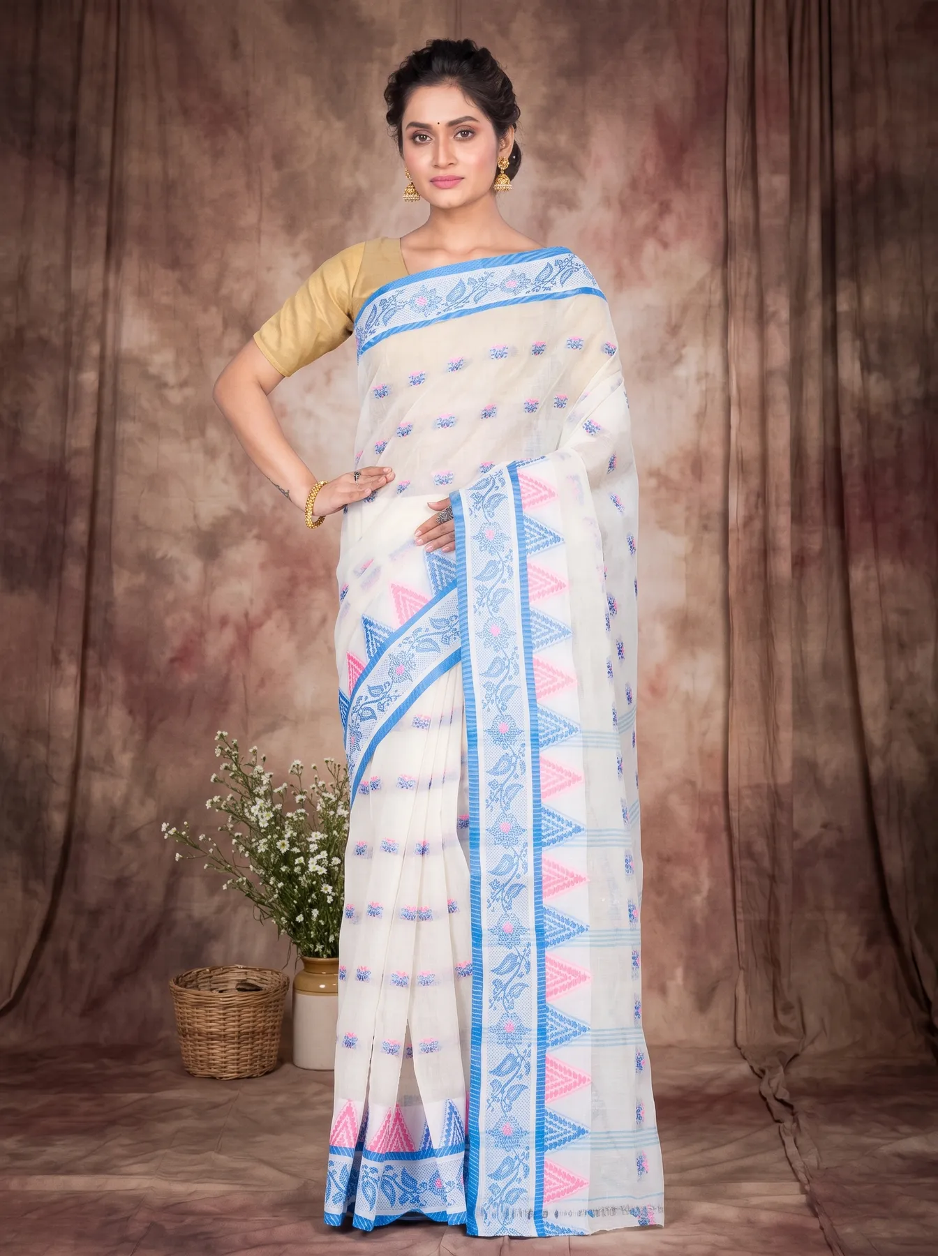 DipDiya Pure Cotton Sky Blue Alkari Threads of Tradition Tant Sarees