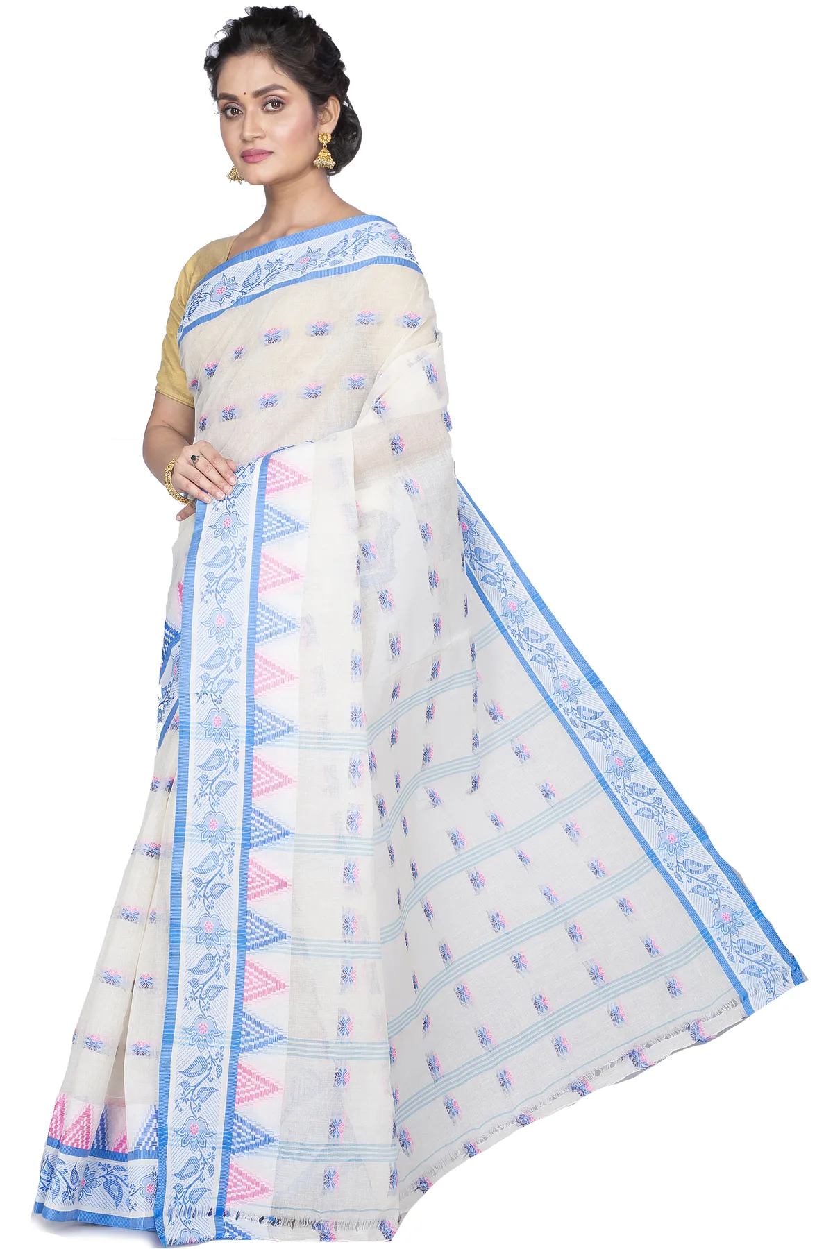 DipDiya Pure Cotton Sky Blue Alkari Threads of Tradition Tant Sarees