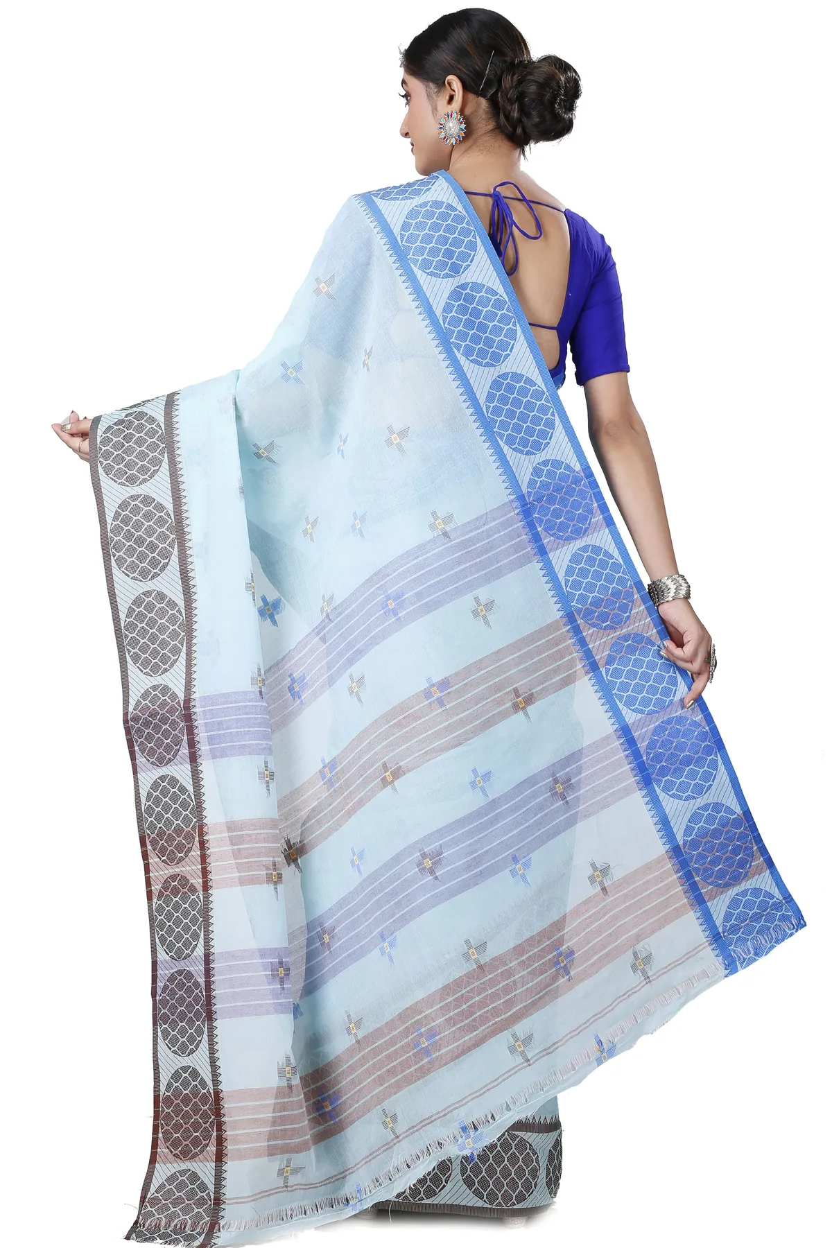 DipDiya Pure Cotton Sky Blue Ananda Pure Bengali Grace Tant Sarees
