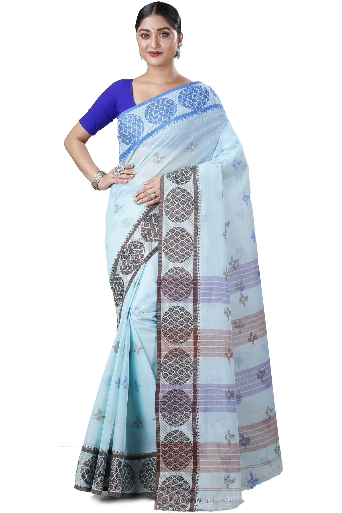 DipDiya Pure Cotton Sky Blue Ananda Pure Bengali Grace Tant Sarees