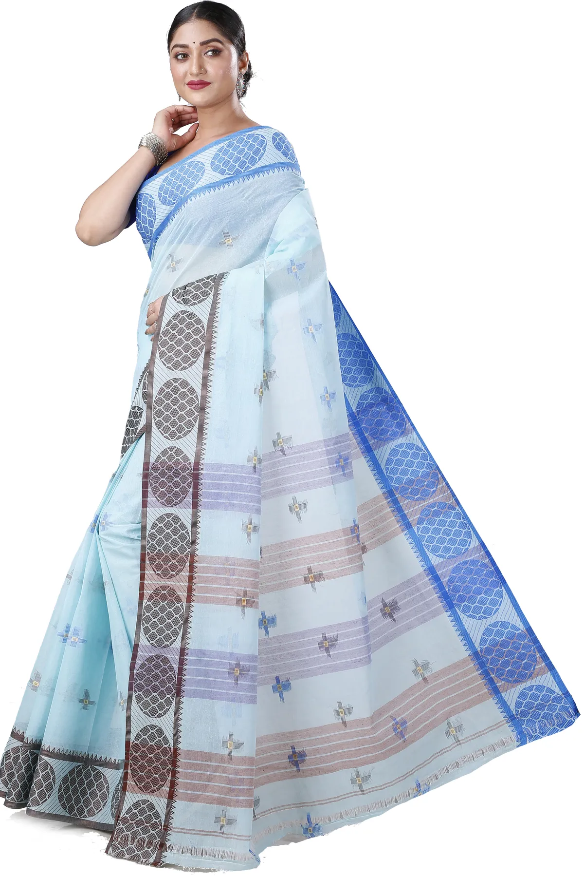 DipDiya Pure Cotton Sky Blue Ananda Pure Bengali Grace Tant Sarees
