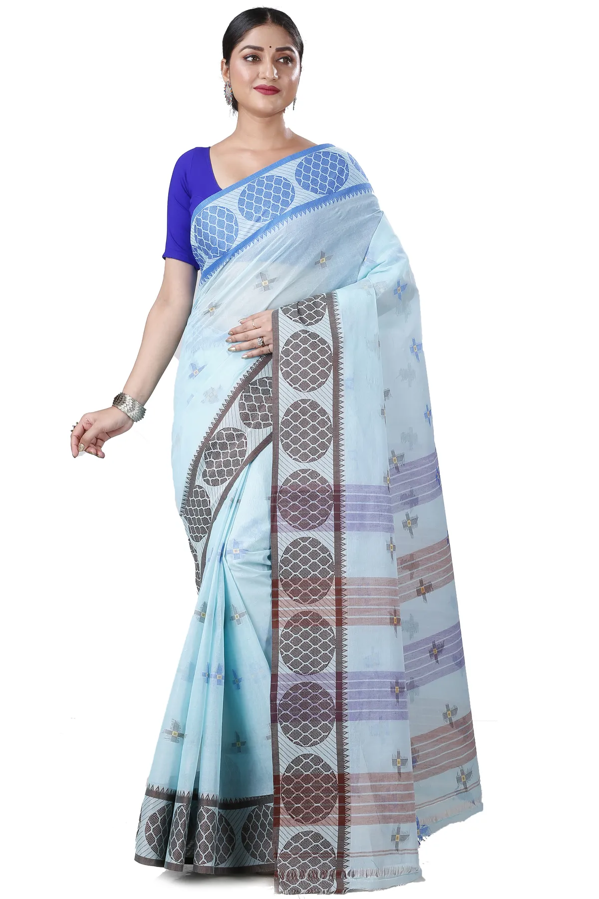 DipDiya Pure Cotton Sky Blue Ananda Pure Bengali Grace Tant Sarees