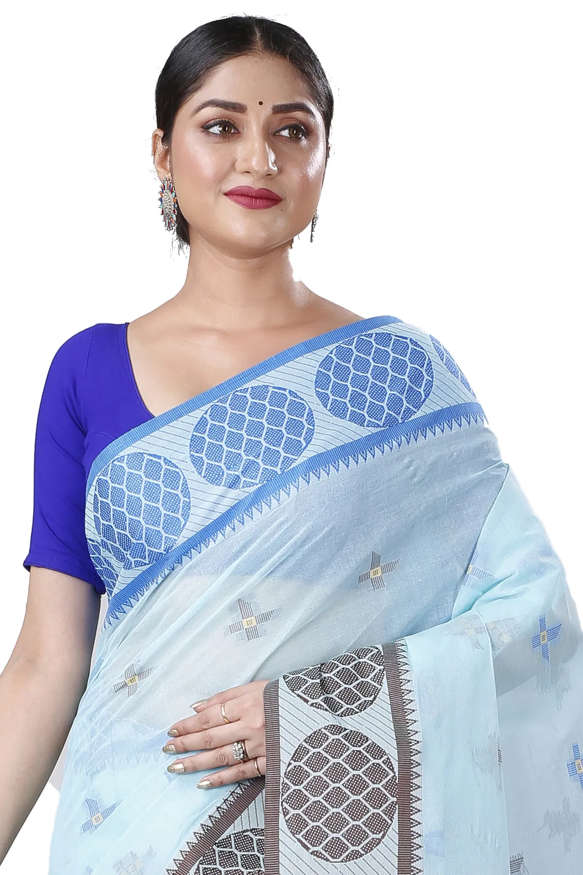 DipDiya Pure Cotton Sky Blue Ananda Pure Bengali Grace Tant Sarees