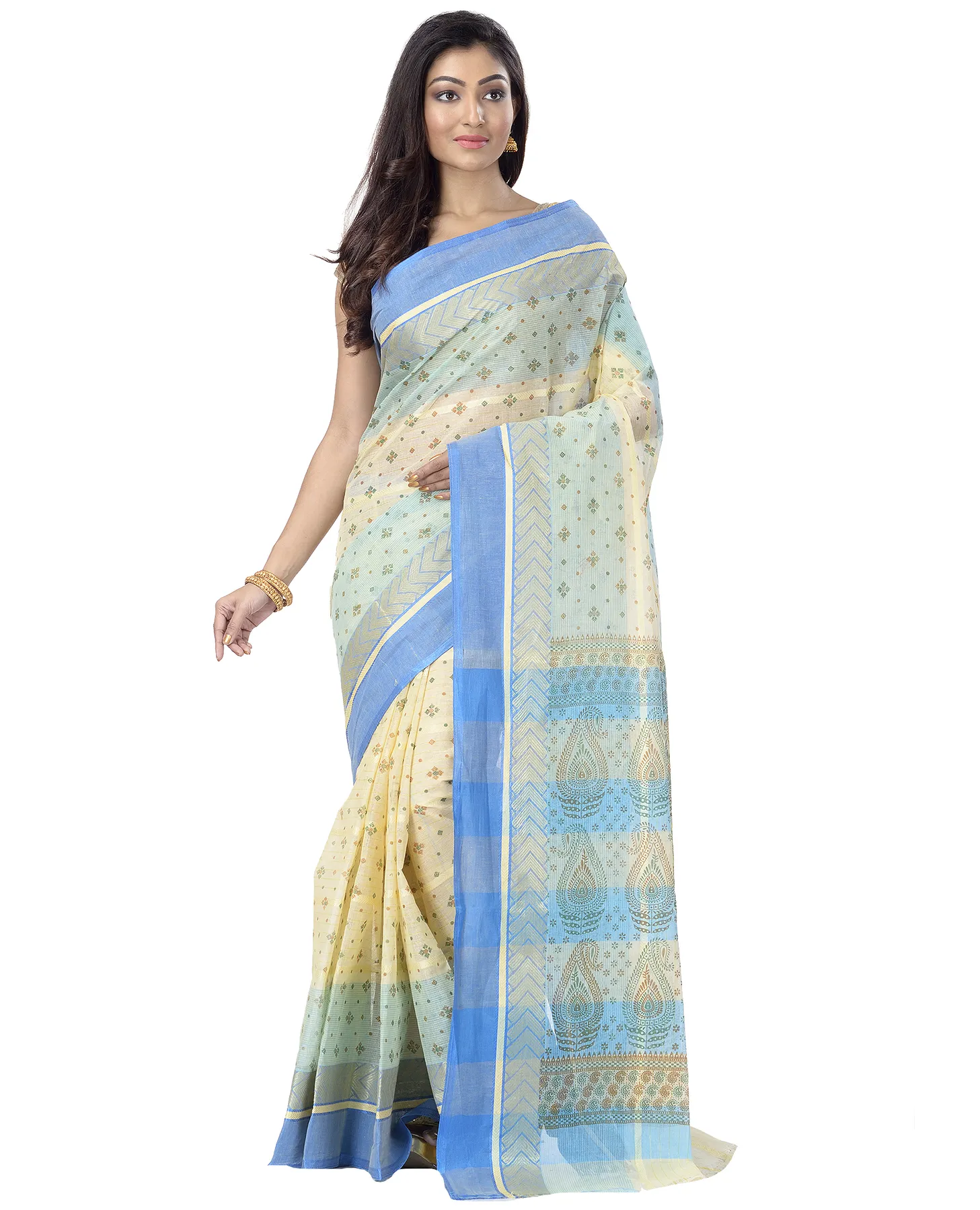 DipDiya Pure Cotton Sky Blue ANARKOLI PRINT Traditional Bengali Printed Tant Sarees