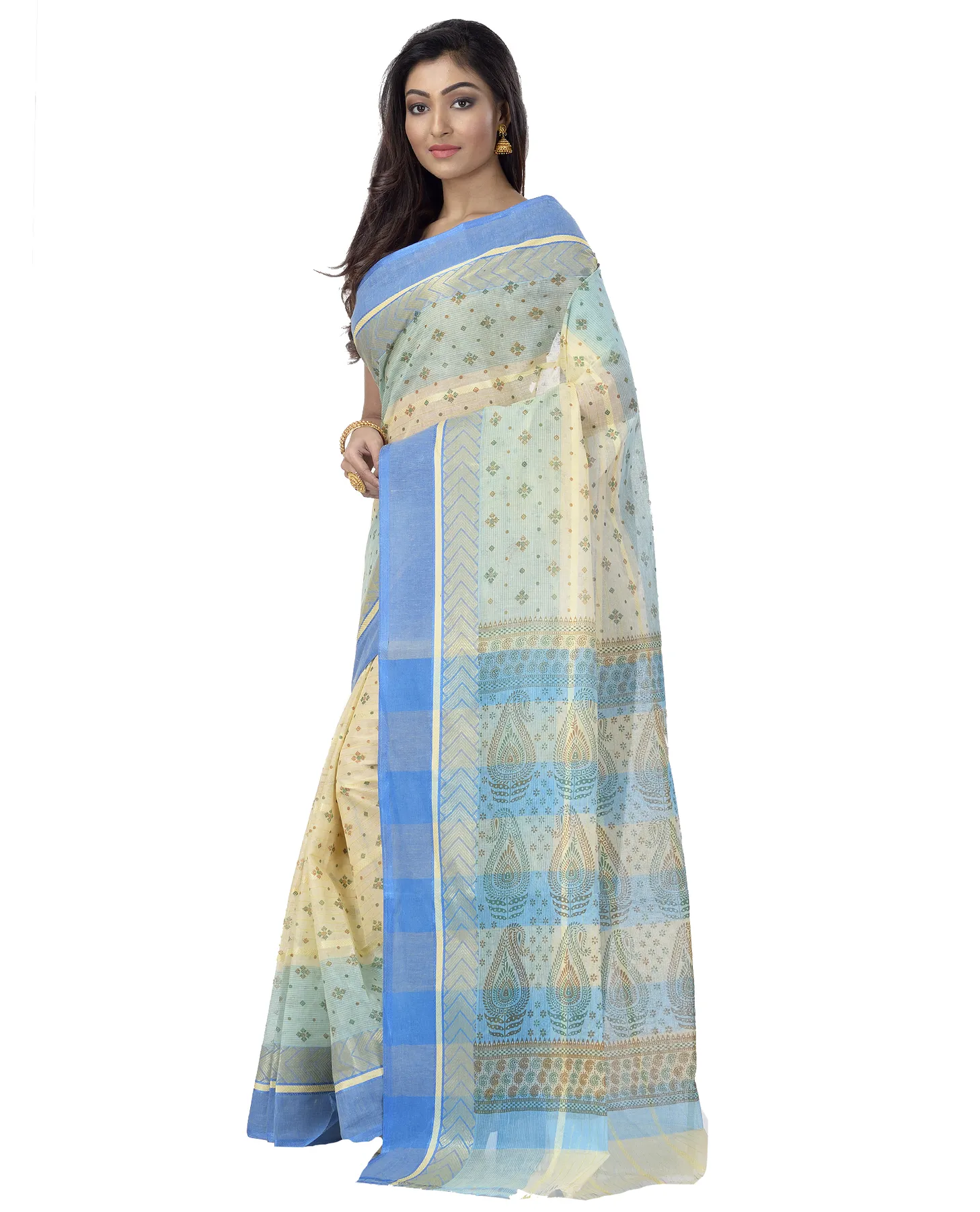 DipDiya Pure Cotton Sky Blue ANARKOLI PRINT Traditional Bengali Printed Tant Sarees