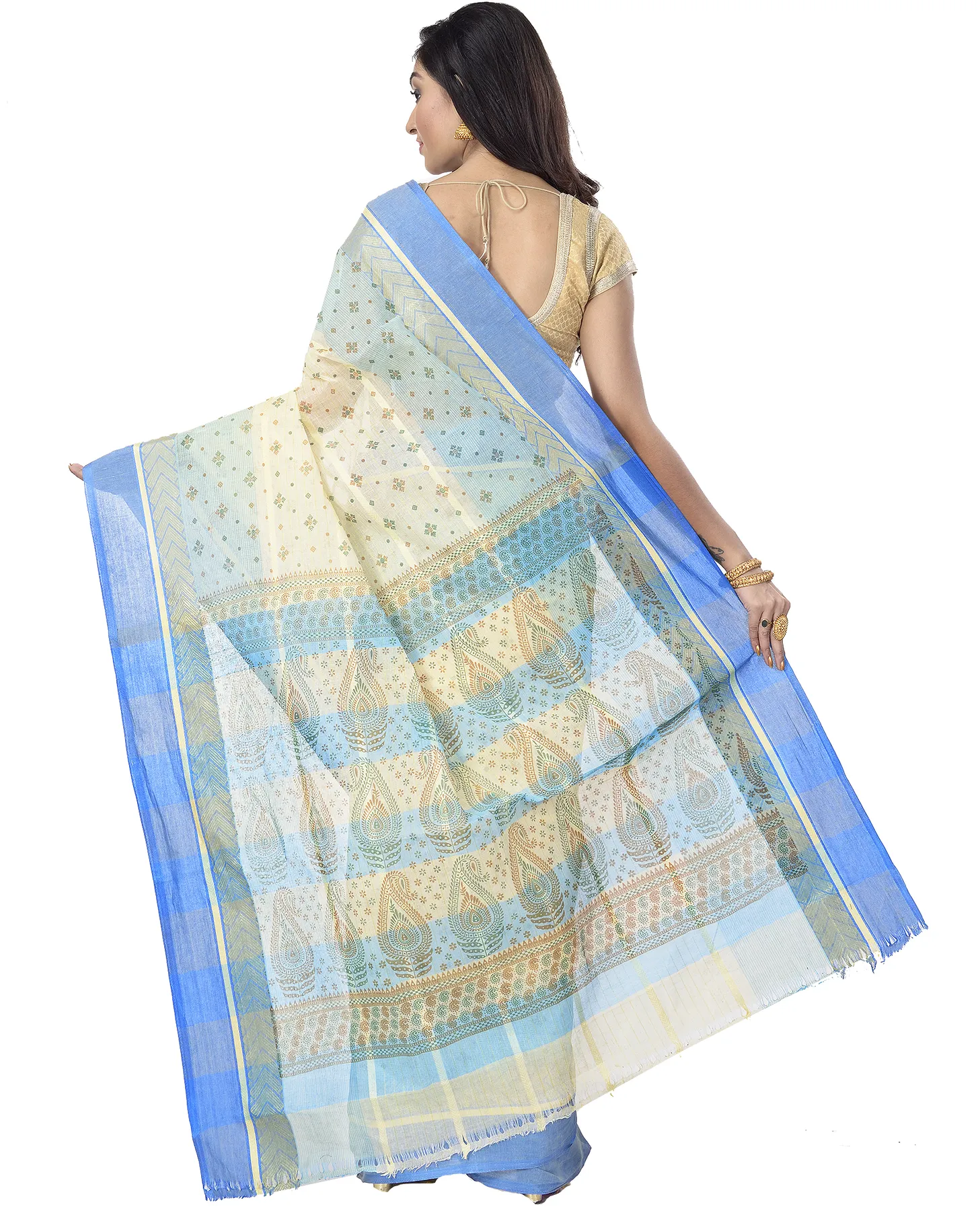 DipDiya Pure Cotton Sky Blue ANARKOLI PRINT Traditional Bengali Printed Tant Sarees