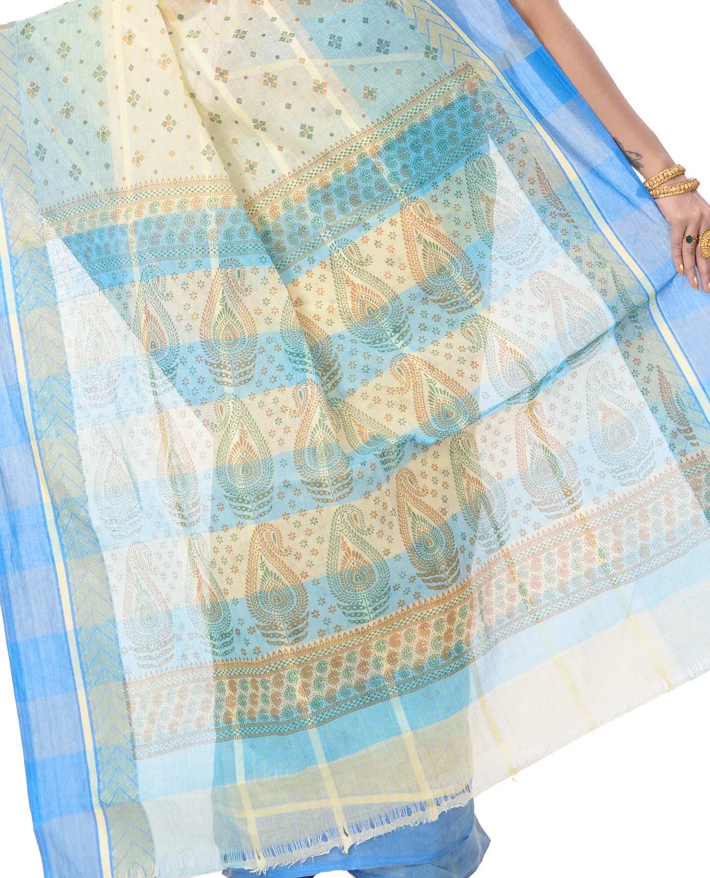 DipDiya Pure Cotton Sky Blue ANARKOLI PRINT Traditional Bengali Printed Tant Sarees
