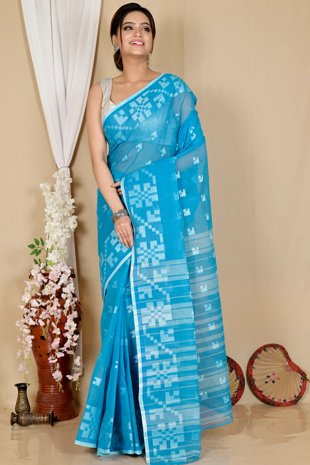 DipDiya Pure Cotton Sky Blue Aptuk Crafted in Bengal Tant Sarees