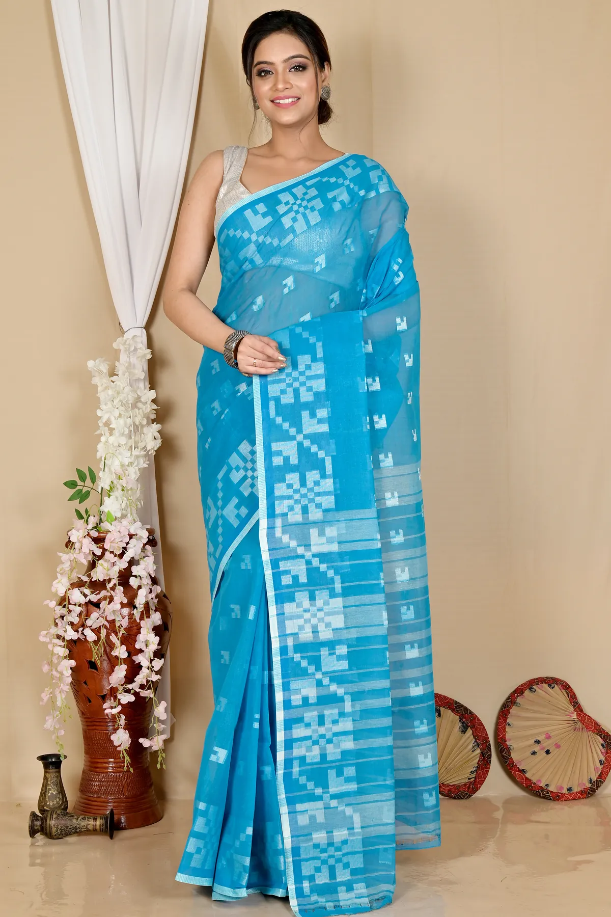 DipDiya Pure Cotton Sky Blue Aptuk Crafted in Bengal Tant Sarees