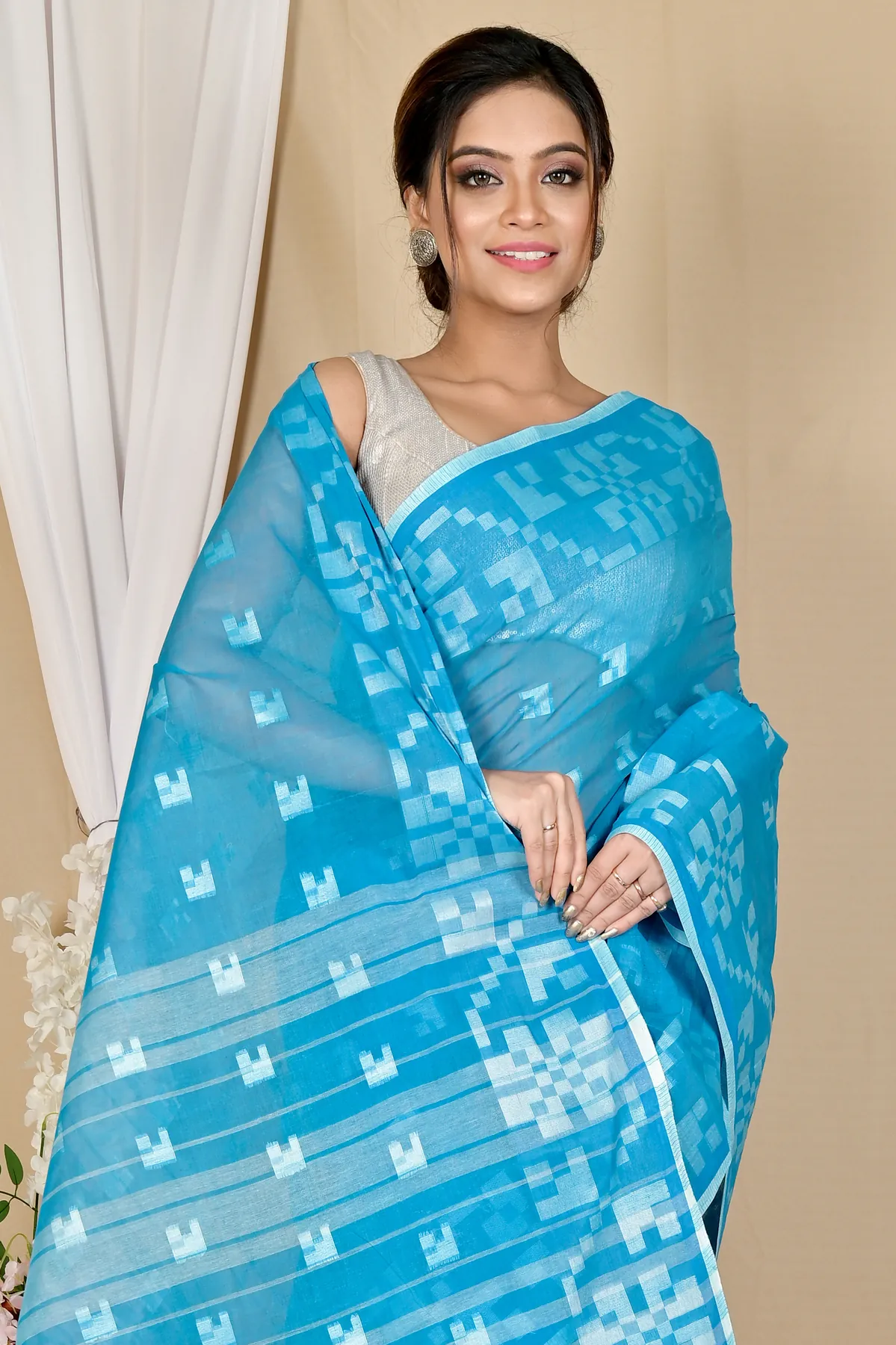 DipDiya Pure Cotton Sky Blue Aptuk Crafted in Bengal Tant Sarees