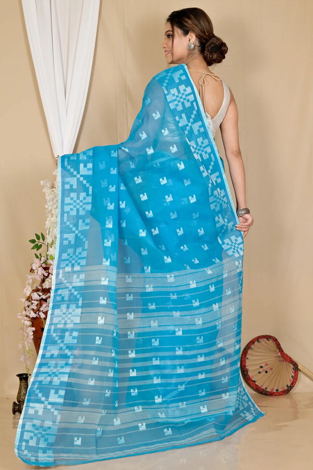 DipDiya Pure Cotton Sky Blue Aptuk Crafted in Bengal Tant Sarees