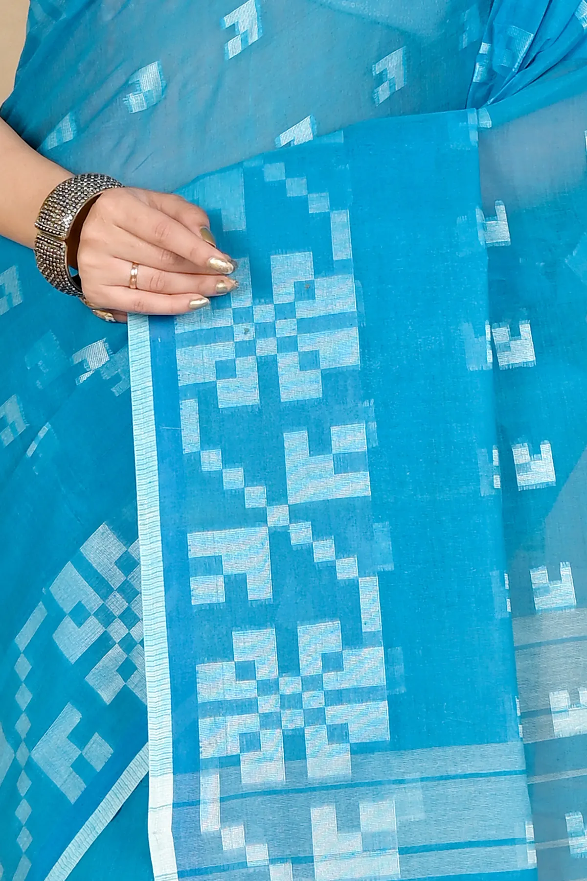 DipDiya Pure Cotton Sky Blue Aptuk Crafted in Bengal Tant Sarees