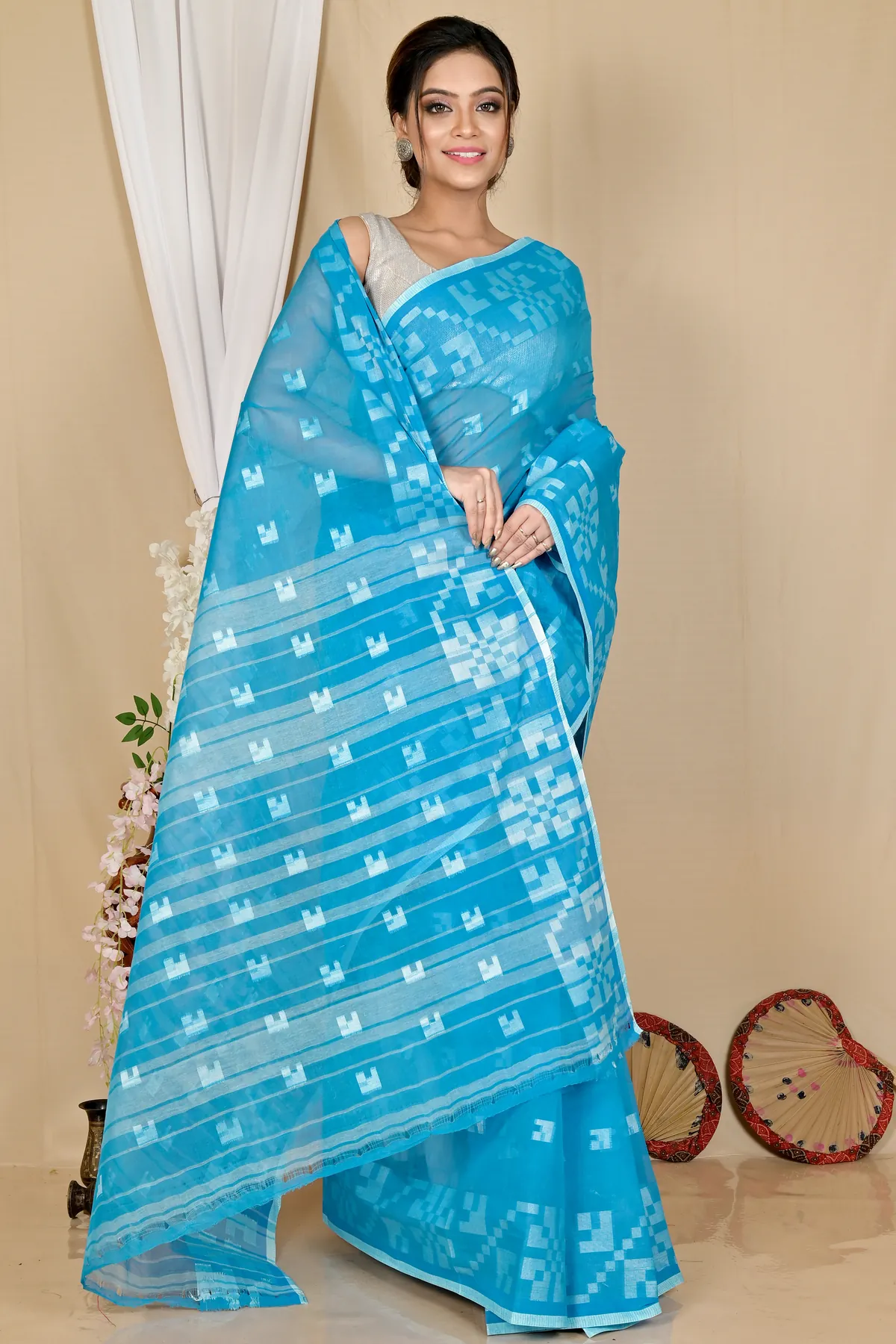 DipDiya Pure Cotton Sky Blue Aptuk Crafted in Bengal Tant Sarees