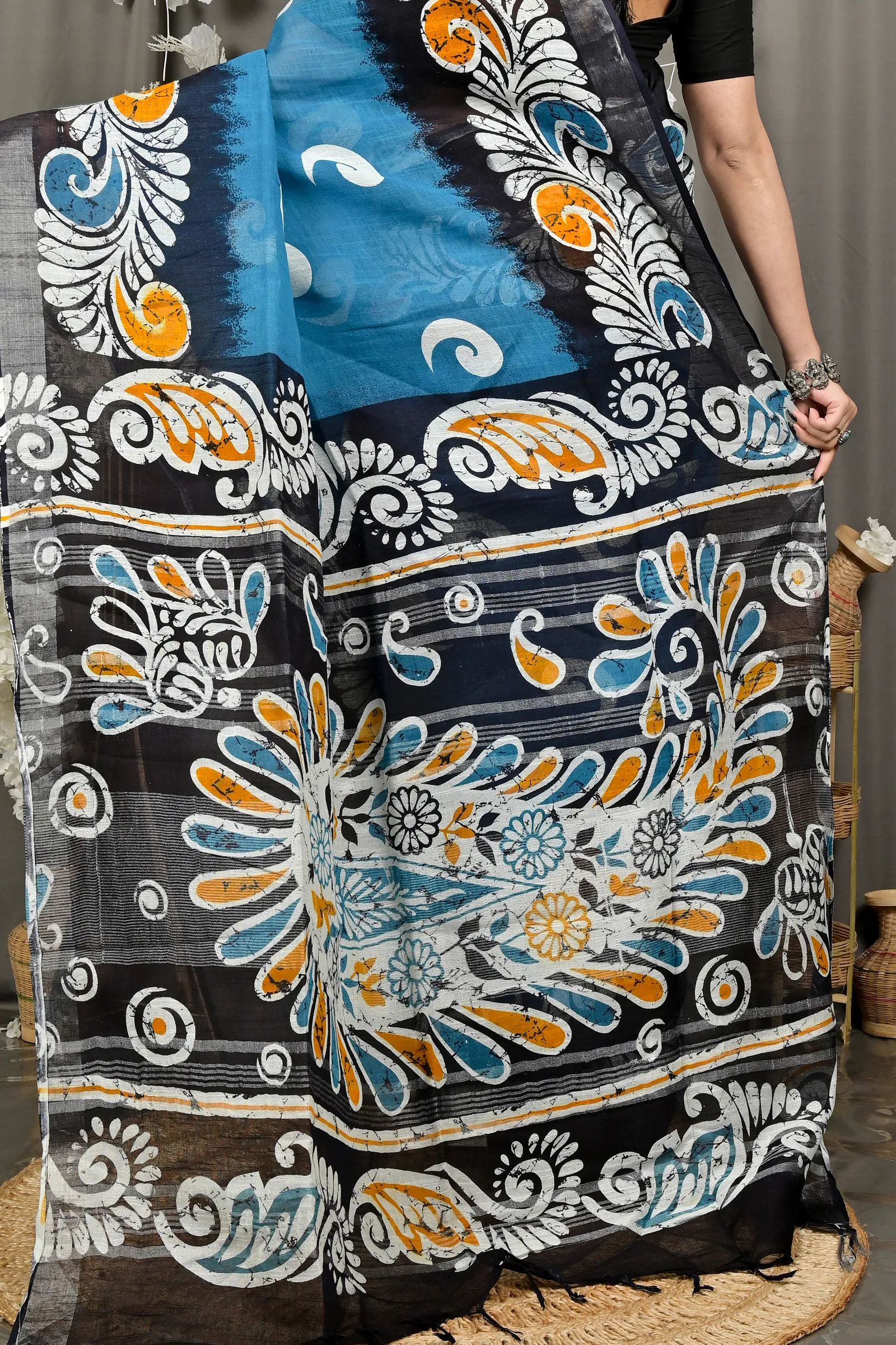 DipDiya Pure Cotton Sky Blue Black Dinesi Effortless Tradition Batik Print Sarees
