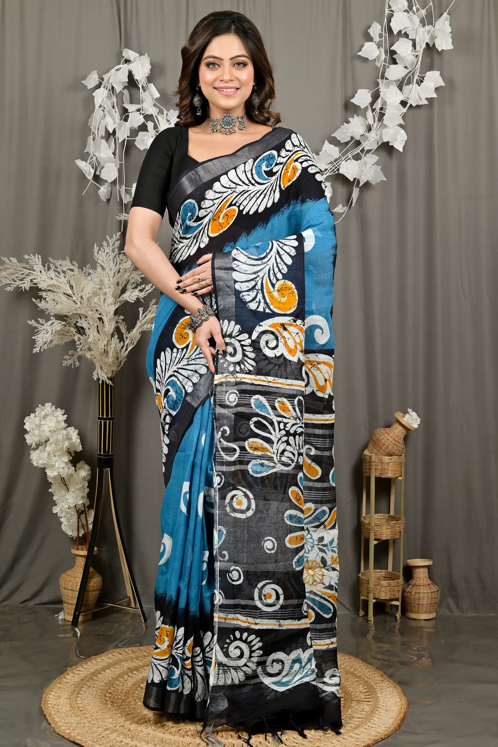 DipDiya Pure Cotton Sky Blue Black Dinesi Effortless Tradition Batik Print Sarees