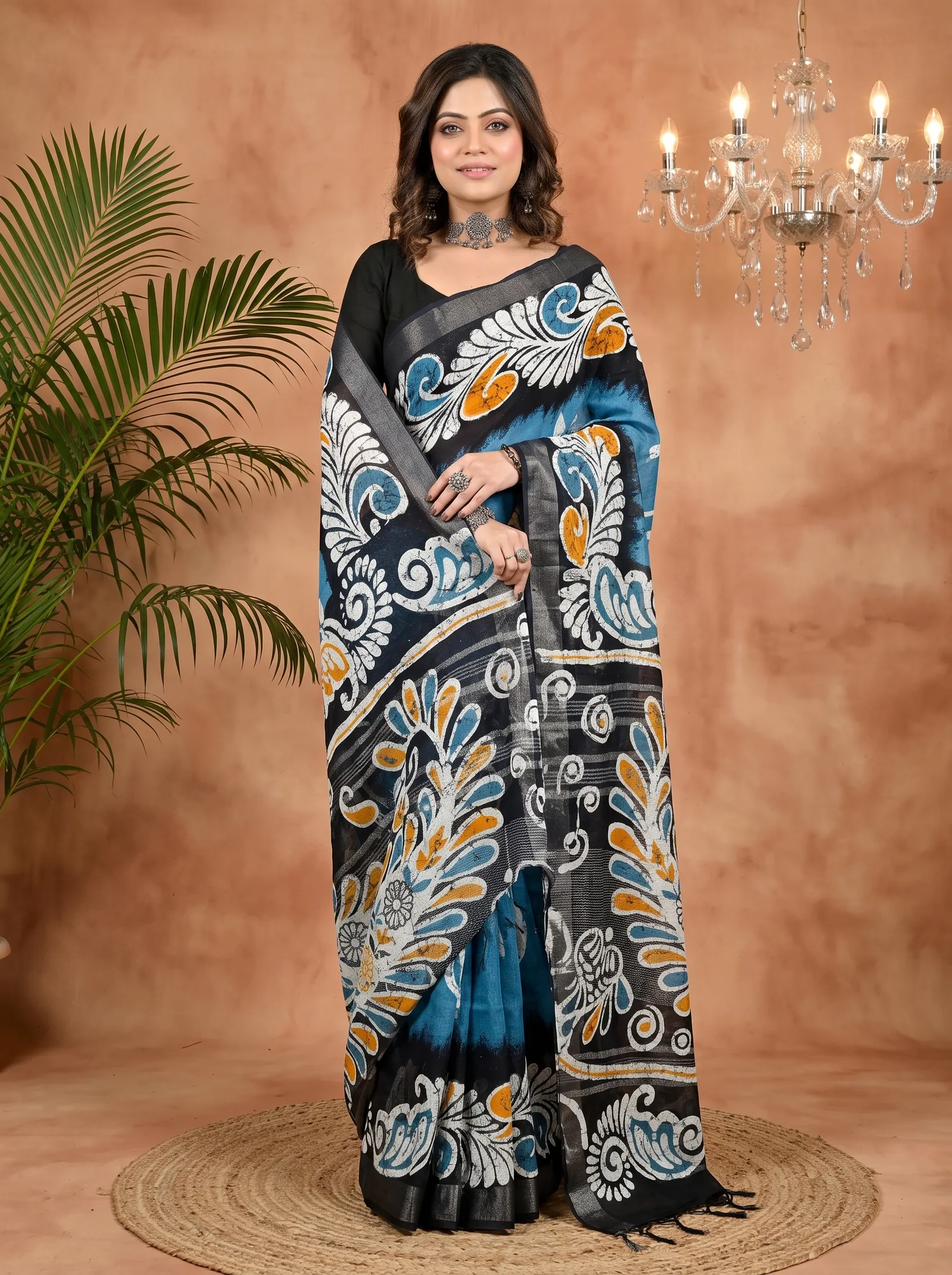 DipDiya Pure Cotton Sky Blue Black Dinesi Effortless Tradition Batik Print Sarees