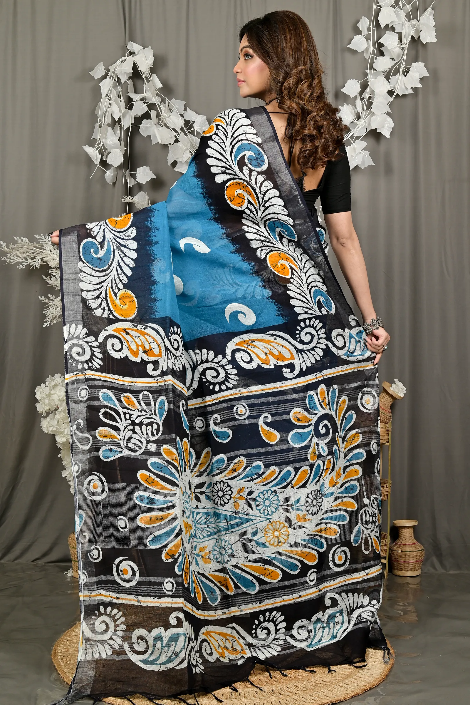 DipDiya Pure Cotton Sky Blue Black Dinesi Effortless Tradition Batik Print Sarees