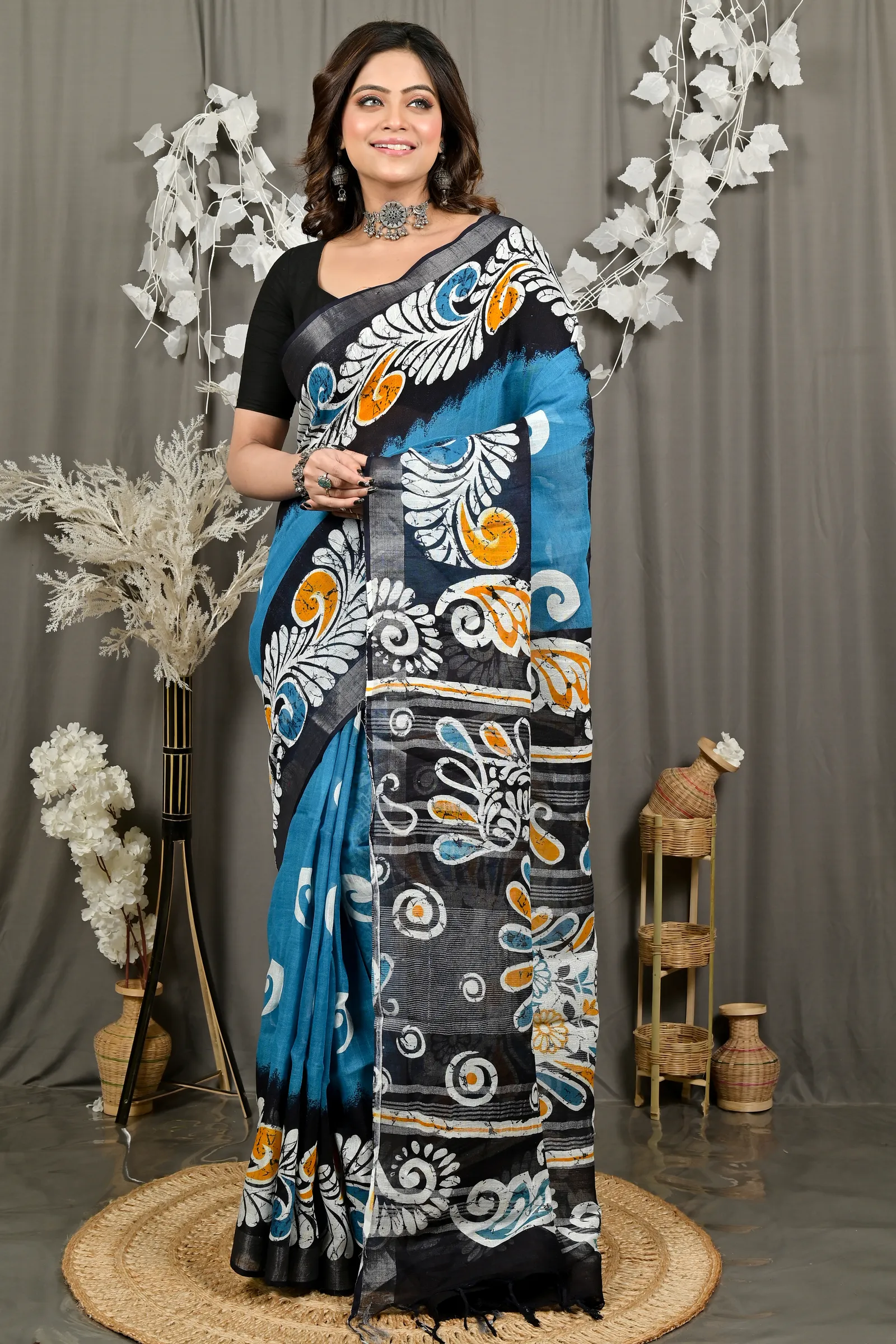 DipDiya Pure Cotton Sky Blue Black Dinesi Effortless Tradition Batik Print Sarees