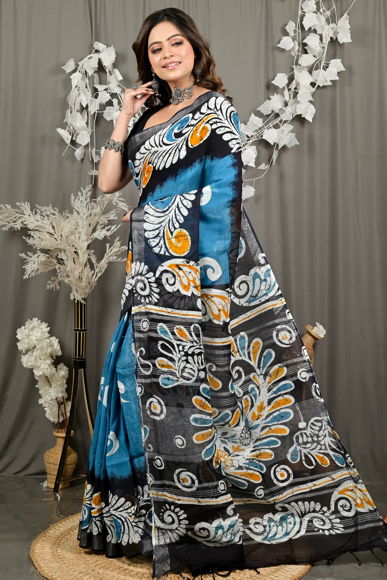 DipDiya Pure Cotton Sky Blue Black Dinesi Effortless Tradition Batik Print Sarees