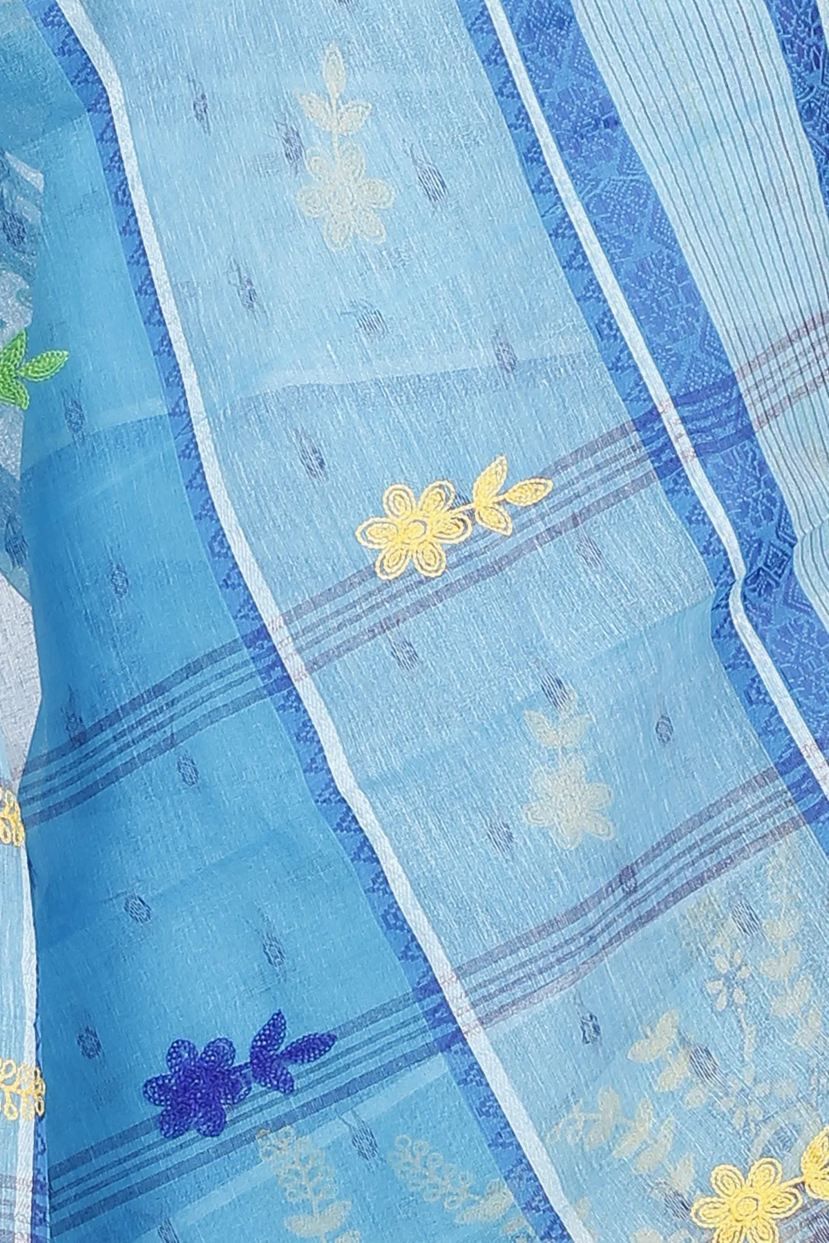 DipDiya Pure Cotton Sky Blue Embi Debdash Ghot Traditional Elegance Embroidery Tant Sarees