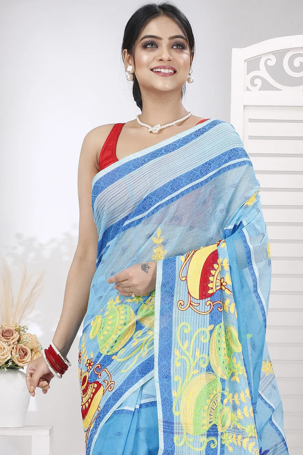 DipDiya Pure Cotton Sky Blue Embi Debdash Ghot Traditional Elegance Embroidery Tant Sarees