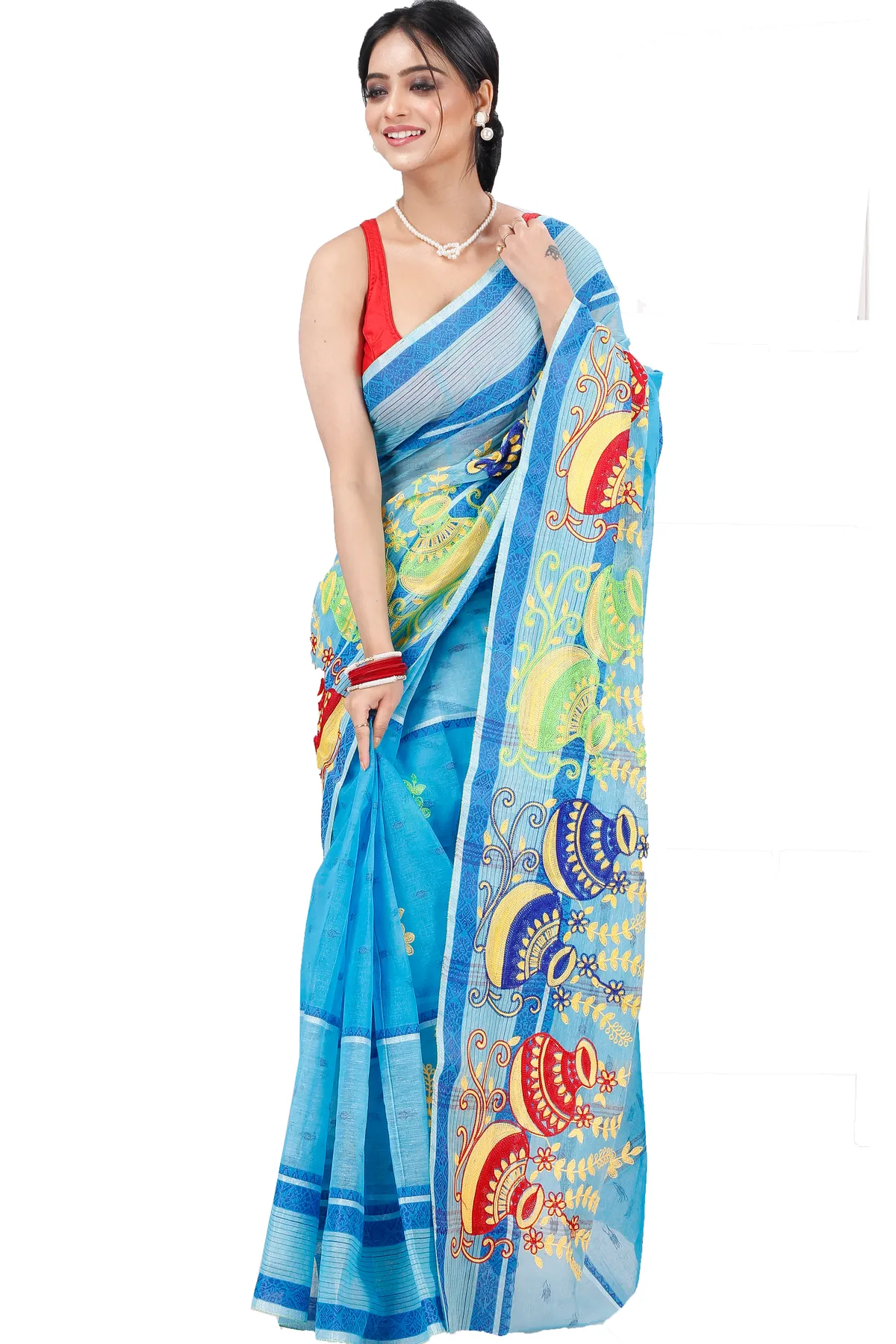 DipDiya Pure Cotton Sky Blue Embi Debdash Ghot Traditional Elegance Embroidery Tant Sarees