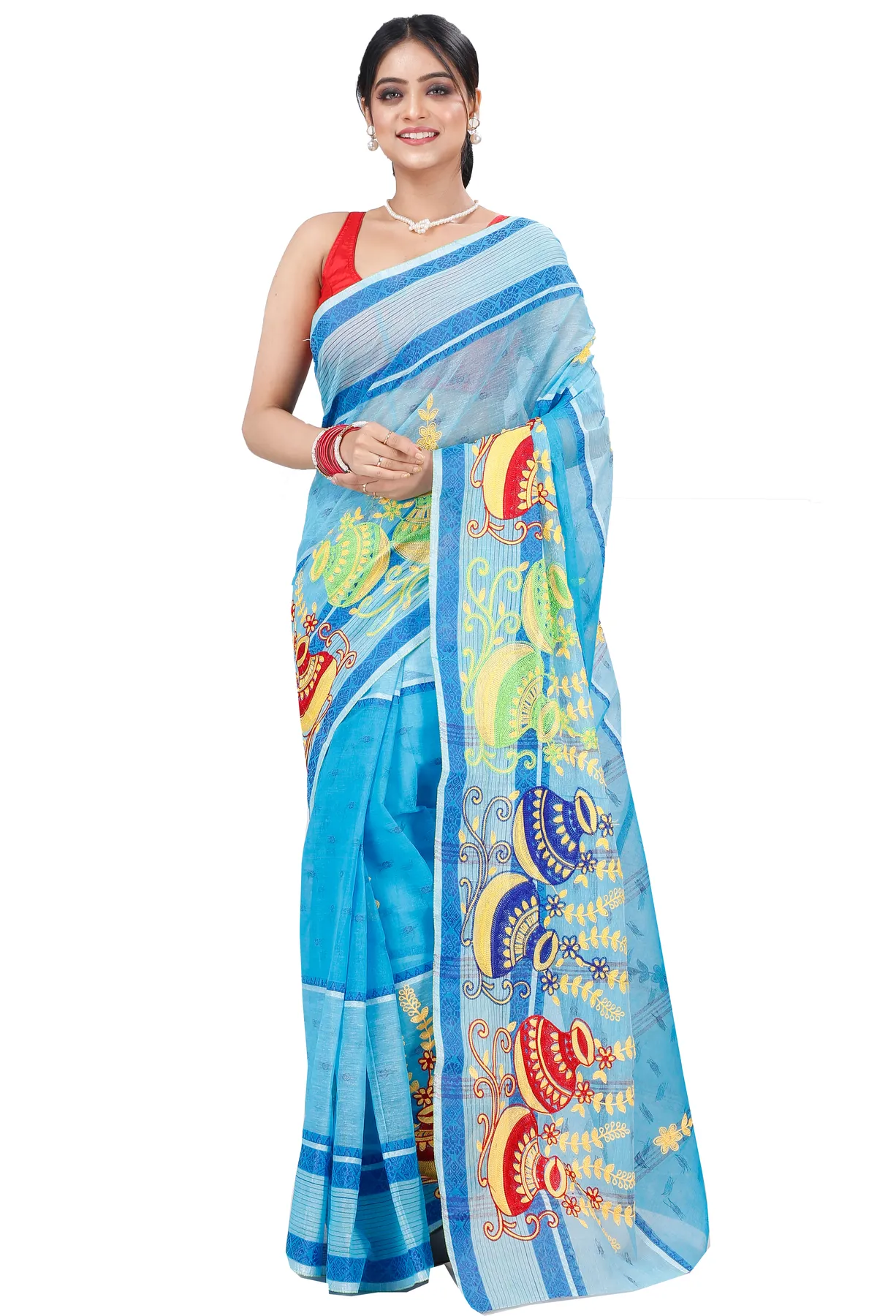 DipDiya Pure Cotton Sky Blue Embi Debdash Ghot Traditional Elegance Embroidery Tant Sarees