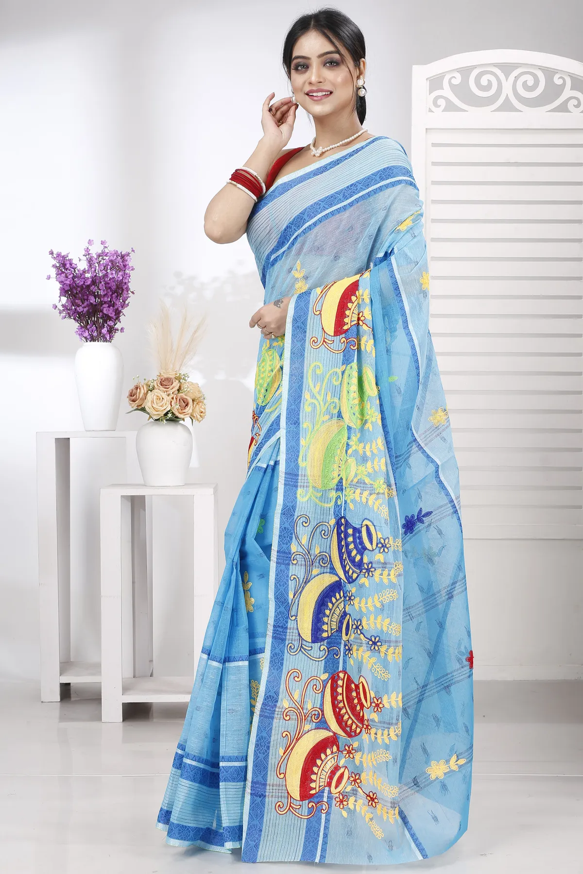 DipDiya Pure Cotton Sky Blue Embi Debdash Ghot Traditional Elegance Embroidery Tant Sarees