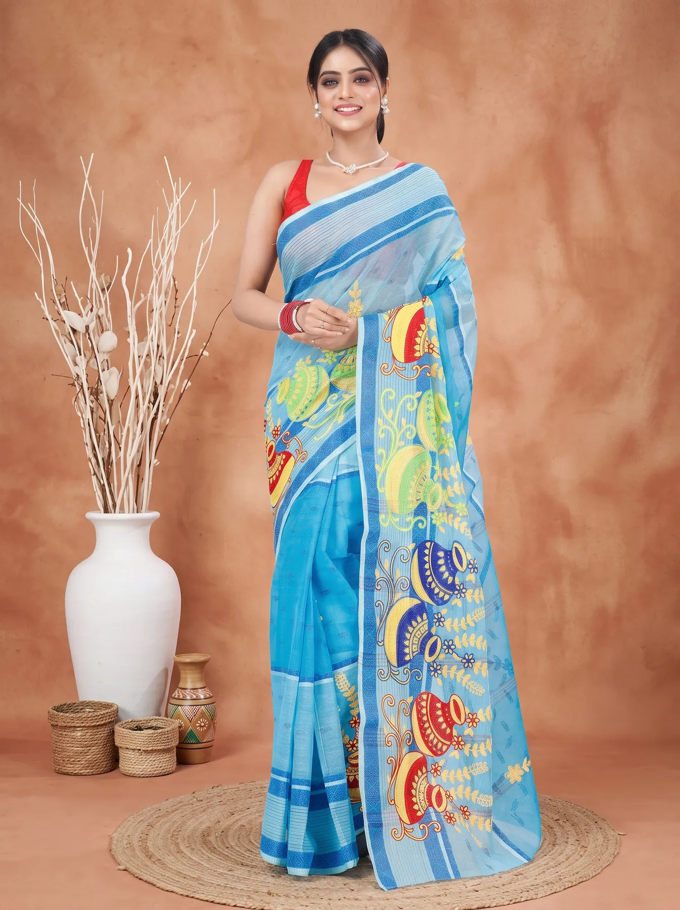 DipDiya Pure Cotton Sky Blue Embi Debdash Ghot Traditional Elegance Embroidery Tant Sarees